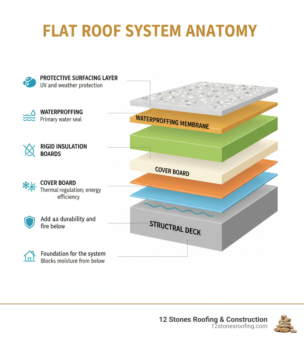 Infographic showing the complete anatomy of a professional flat roof system from bottom to top: structural deck, vapor barrier, rigid insulation boards, cover board, waterproofing membrane, and protective surfacing layer, with annotations explaining each component's function - new flat roof installation infographic 