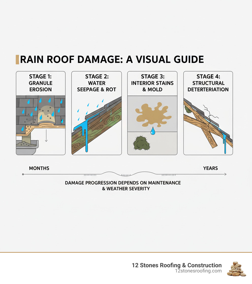 Infographic showing the progression of roof damage from rain: Stage 1 - Granule erosion from shingles, Stage 2 - Water seeping under lifted shingles causing rot, Stage 3 - Interior water stains and mold growth, Stage 4 - Structural deterioration and sagging roof deck, with timeline showing damage can progress from months to years depending on maintenance - Roof damage from rain infographic  Infographic showing the progression of roof damage from rain: Stage 1 - Granule erosion from shingles, Stage 2 - Water seeping under lifted shingles causing rot, Stage 3 - Interior water stains and mold growth, Stage 4 - Structural deterioration and sagging roof deck, with timeline showing damage can progress from months to years depending on maintenance - Roof damage from rain infographic