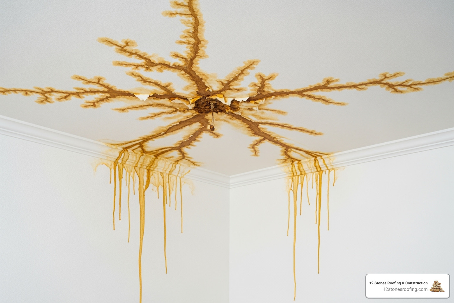severe water stain spreading across a ceiling and down a wall - Roof damage from rain severe water stain spreading across a ceiling and down a wall - Roof damage from rain