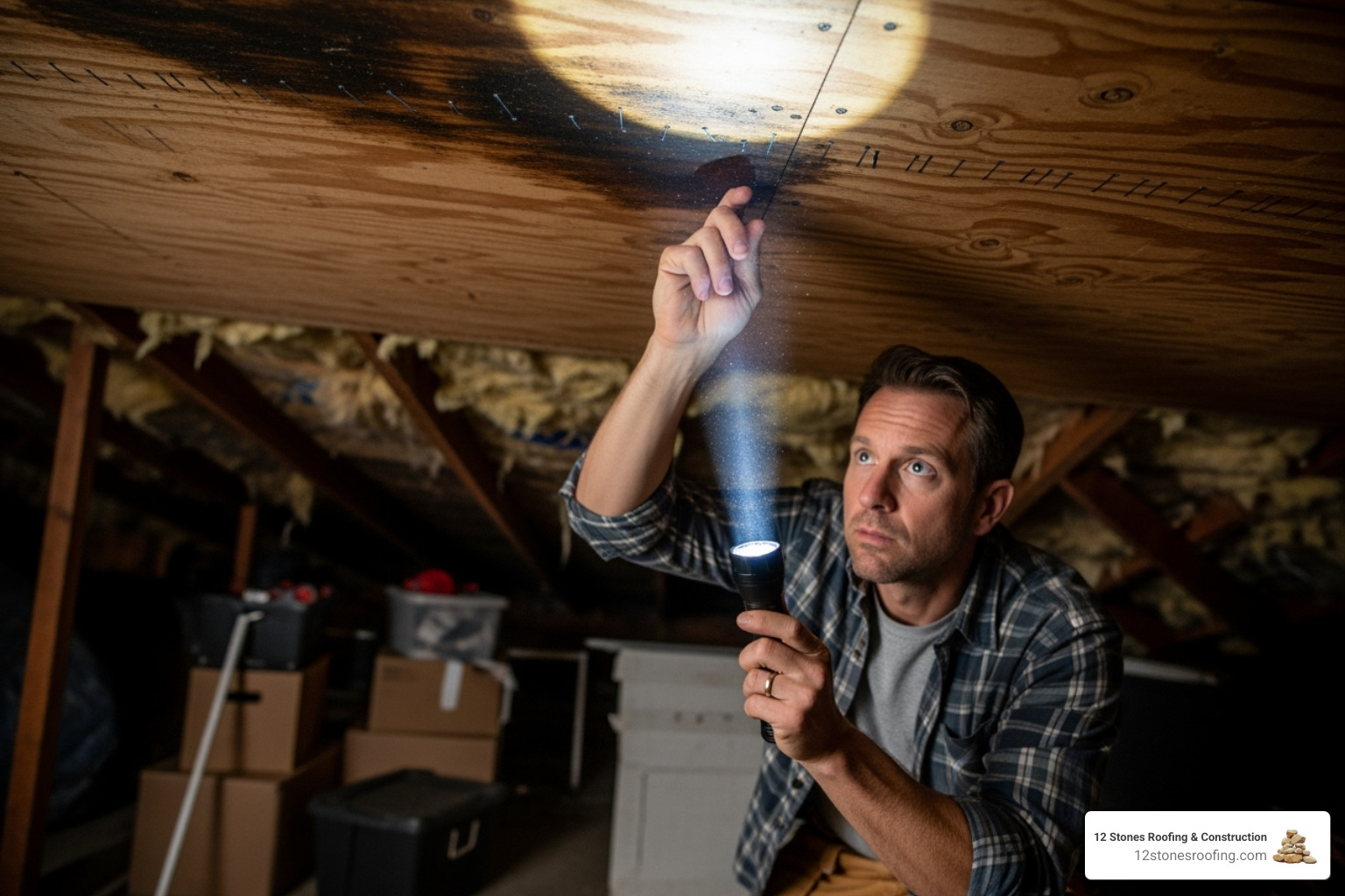homeowner in an attic, using a flashlight to inspect the underside of the roof deck for dark spots - Roof damage from rain homeowner in an attic, using a flashlight to inspect the underside of the roof deck for dark spots - Roof damage from rain
