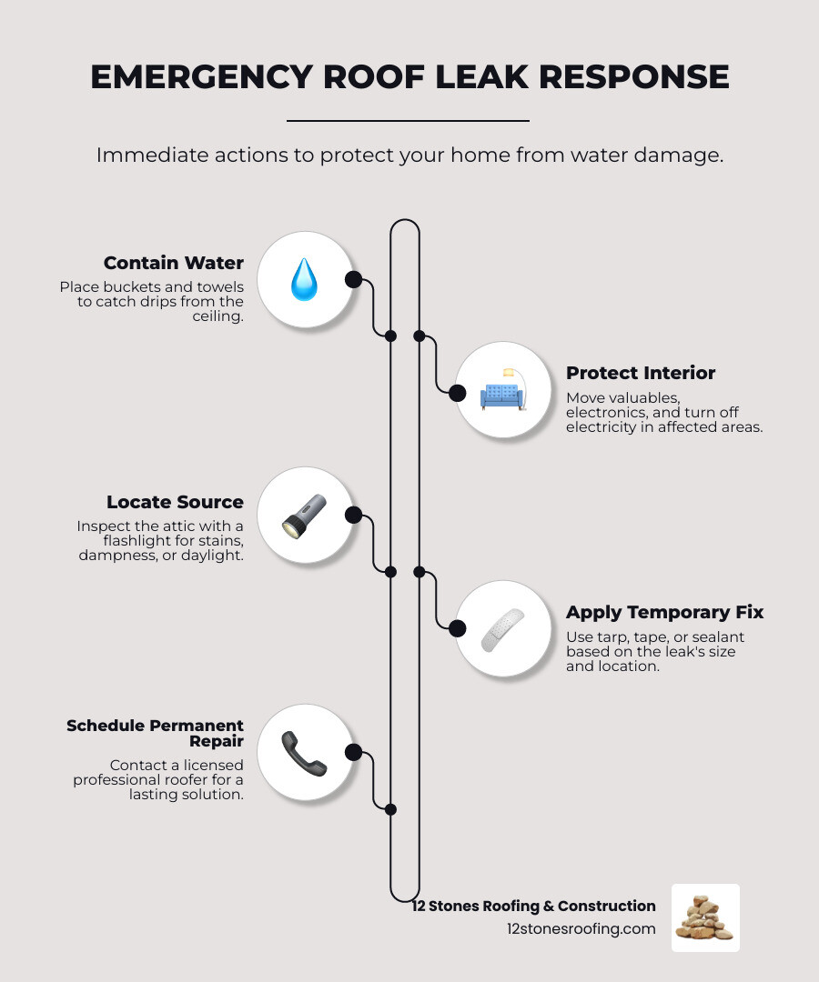 Infographic showing step-by-step emergency response to a roof leak: 1) Contain water inside with buckets and towels, 2) Move valuables and turn off electricity, 3) Locate the leak source in the attic, 4) Apply temporary fix using tarp, tape, or sealant based on damage size, 5) Call professional roofer for permanent repair - Temporary roof leak fix infographic infographic-line-5-steps-elegant_beige