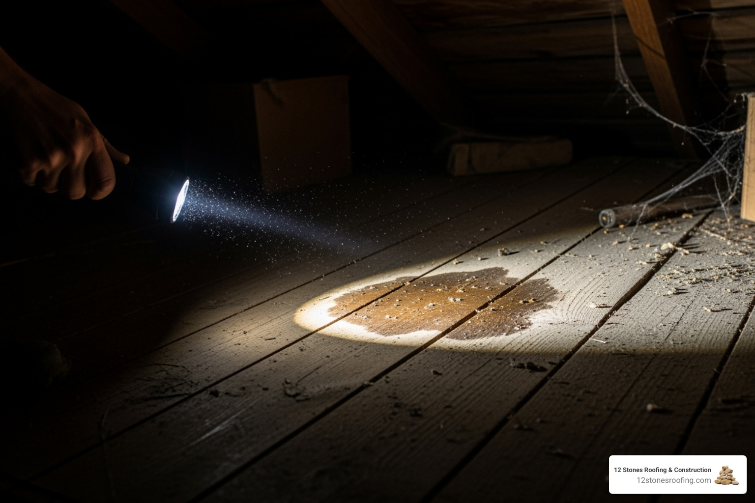 attic with a flashlight beam pointing to a wet spot on the roof decking - Temporary roof leak fix