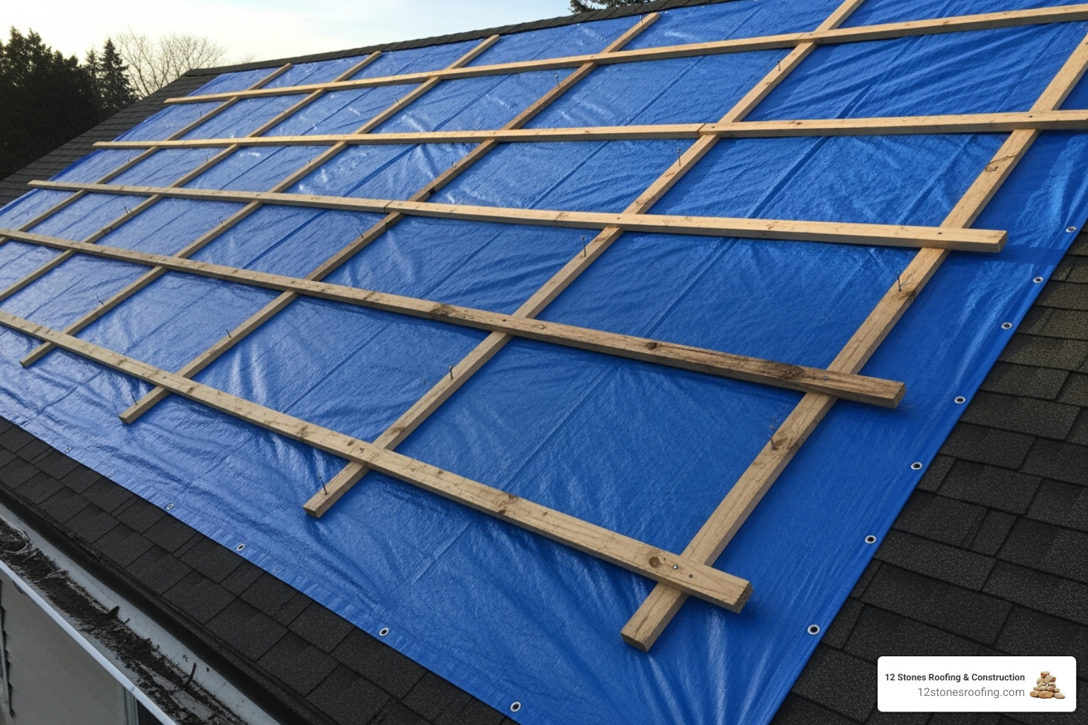 blue tarp correctly installed on a sloped roof with 2x4s - Temporary roof leak fix