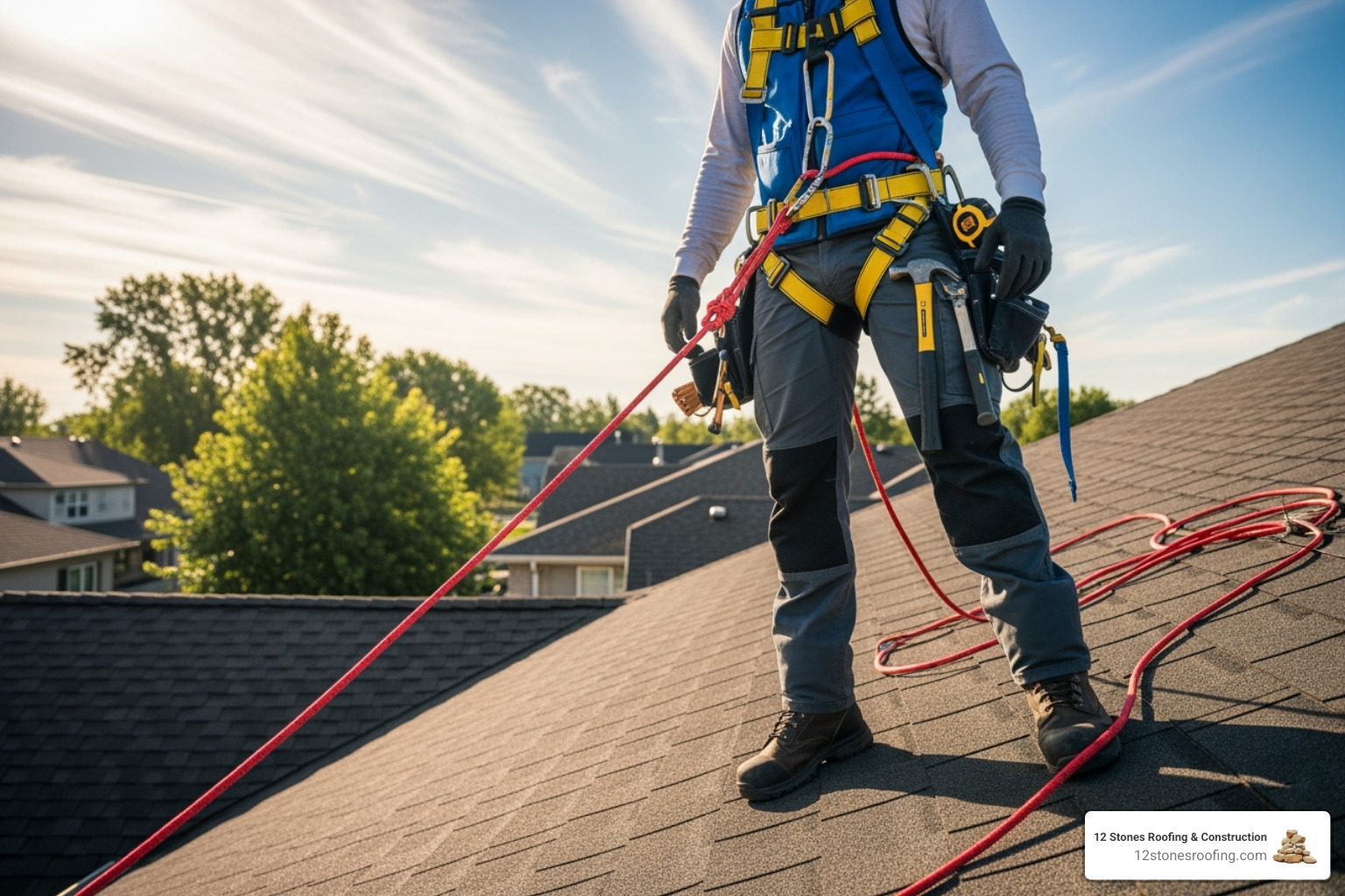 person wearing a safety harness and proper footwear on a roof - Temporary roof leak fix