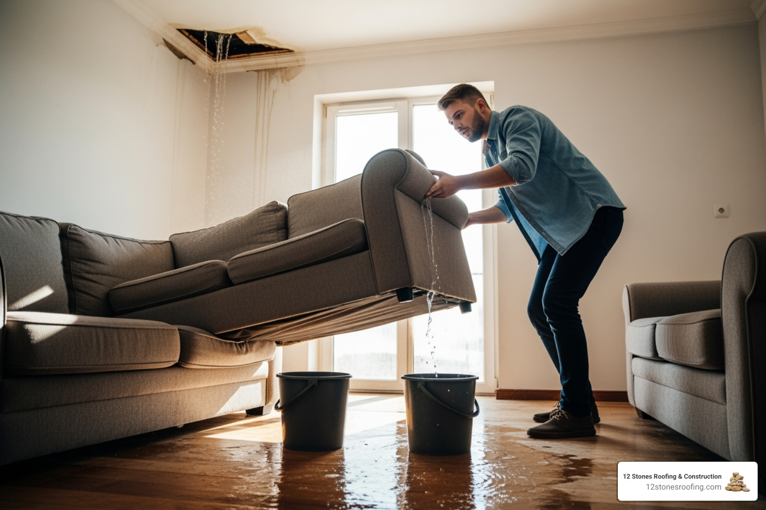 person moving furniture and placing buckets under a ceiling leak - Temporary roof leak fix