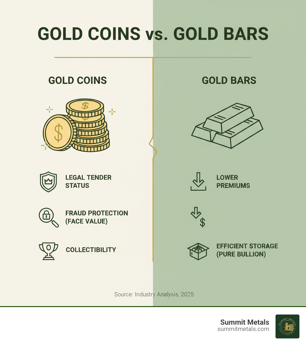 Infographic detailing benefits of gold coins vs. gold bars: Gold coins offer legal tender status, face value protection against fraud, and collectibility, while gold bars provide lower premiums and efficient storage for pure bullion value. - 1 gram platinum bar infographic Infographic detailing benefits of gold coins vs. gold bars: Gold coins offer legal tender status, face value protection against fraud, and collectibility, while gold bars provide lower premiums and efficient storage for pure bullion value. - 1 gram platinum bar infographic