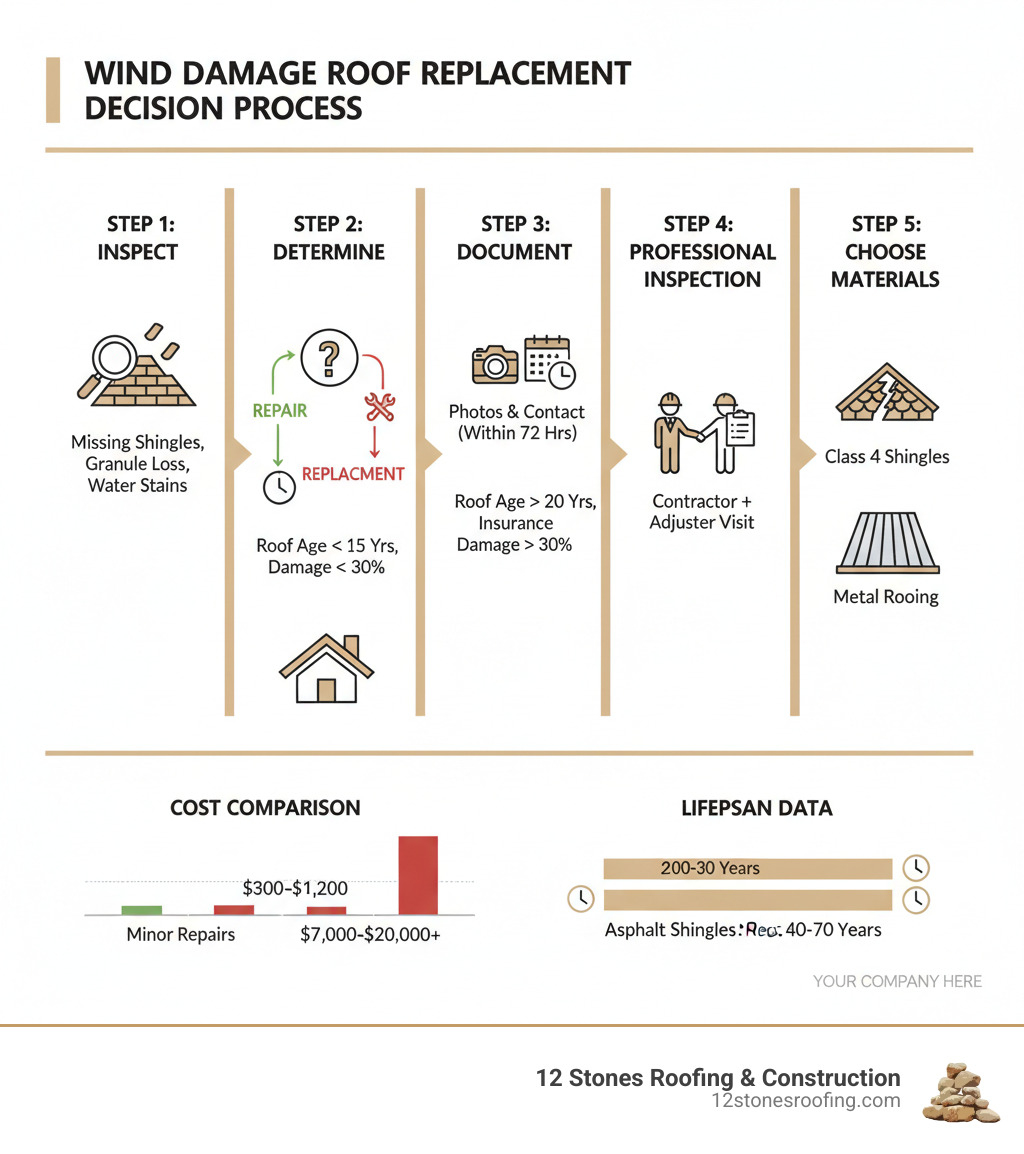 Infographic showing the wind damage roof replacement decision process: Step 1 - Inspect for missing shingles, granule loss, and water stains; Step 2 - Determine repair vs replacement based on roof age (under 15 years = repair candidate, over 20 years = replacement candidate) and damage extent (under 30% = repair, over 30% = replacement) and damage extent (under 30% = repair, over 30% = replacement); Step 3 - Document damage with photos and contact insurance within 72 hours; Step 4 - Get professional inspection with contractor present during adjuster visit; Step 5 - Choose wind-resistant materials for replacement (Class 4 impact-resistant shingles or metal roofing). Includes cost comparison showing minor repairs $300-$1,200 vs full replacement $7,000-$20,000+, and lifespan data showing asphalt shingles last 20-30 years while metal roofs last 40-70 years. - wind damage roof replacement infographic 