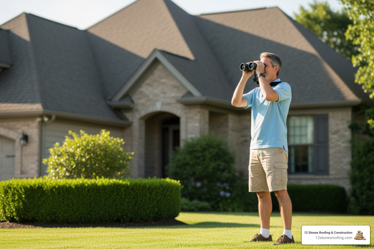 homeowner safely inspecting their roof from the ground with binoculars - wind damage roof replacement