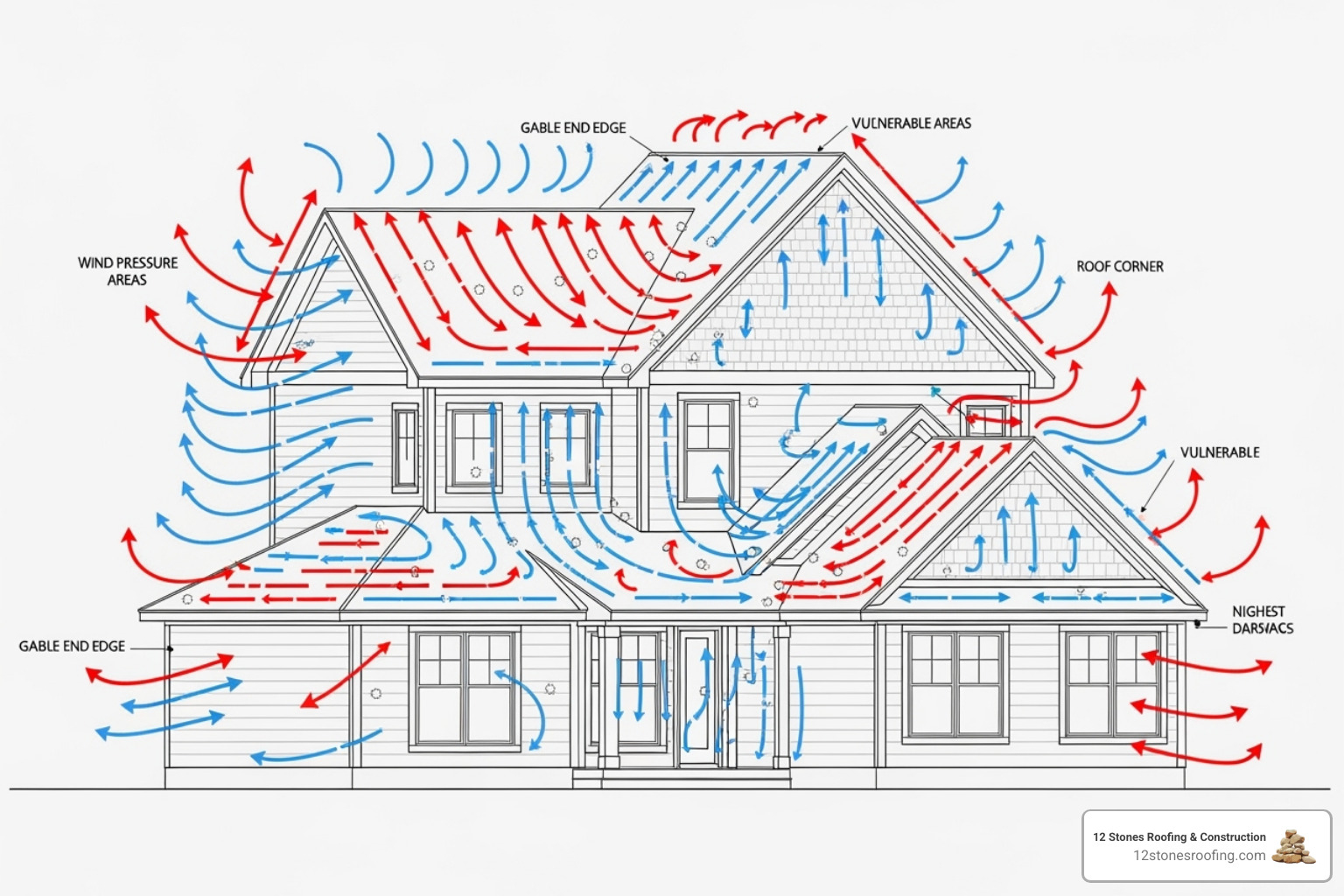 Graphic showing a home with arrows indicating wind flow over the roof, highlighting vulnerable areas like edges and corners. - wind damage roof replacement