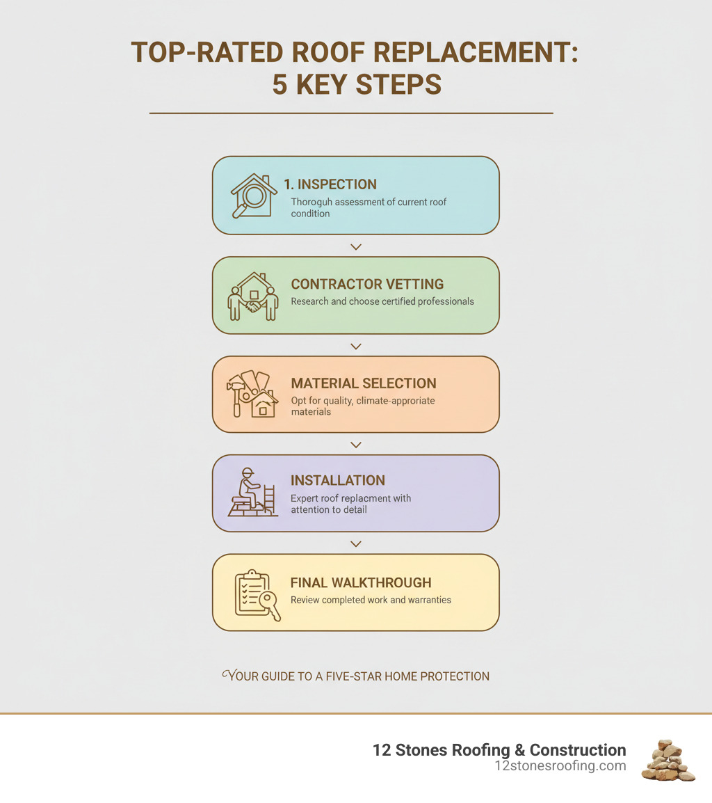 Infographic explaining the 5 key steps to a successful roof replacement: Inspection, Contractor Vetting, Material Selection, Installation, and Final Walkthrough. - top rated roof replacement infographic Infographic explaining the 5 key steps to a successful roof replacement: Inspection, Contractor Vetting, Material Selection, Installation, and Final Walkthrough. - top rated roof replacement infographic