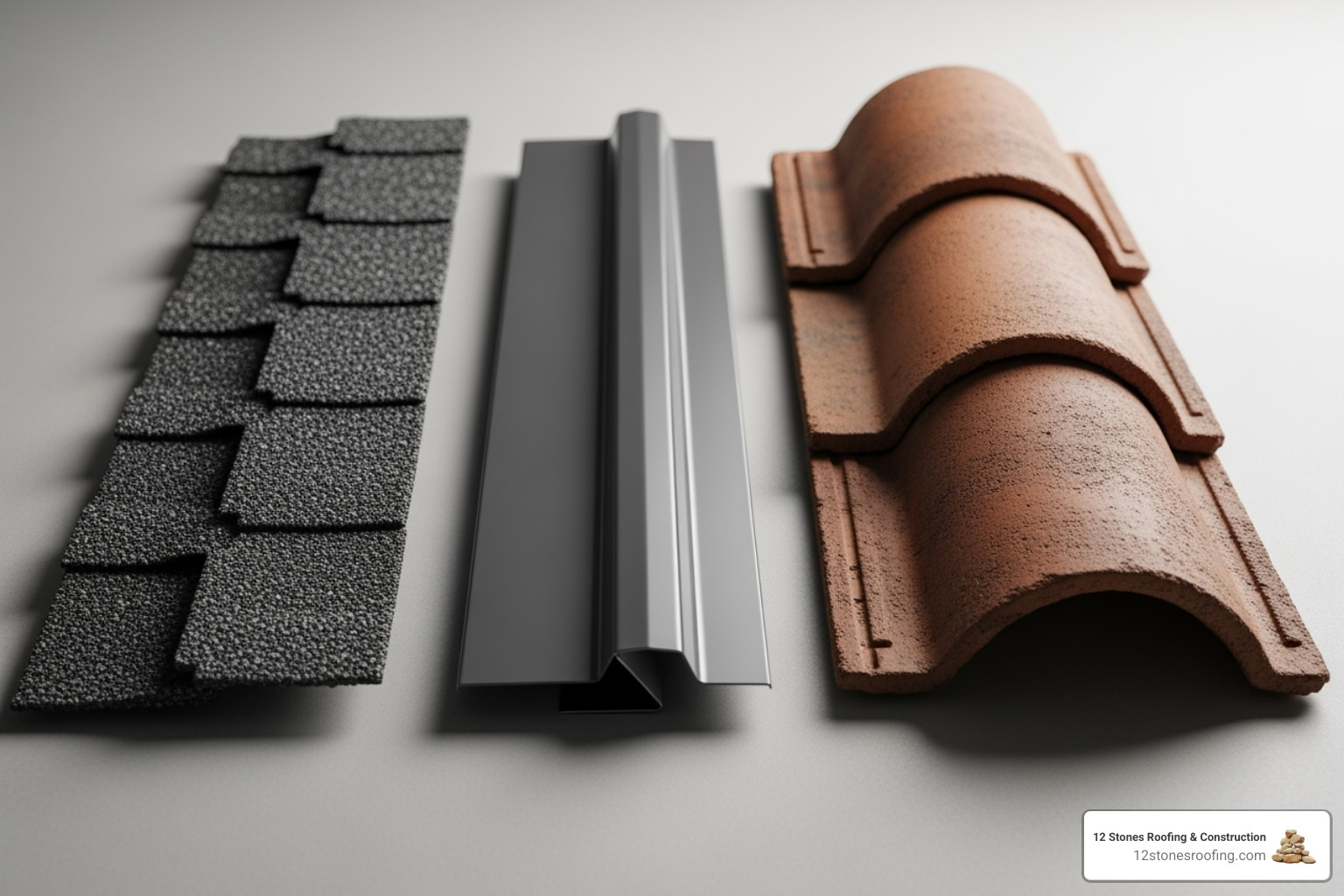 Showing samples of different roofing materials like asphalt shingles, metal panels, and clay tiles. - top rated roof replacement Showing samples of different roofing materials like asphalt shingles, metal panels, and clay tiles. - top rated roof replacement