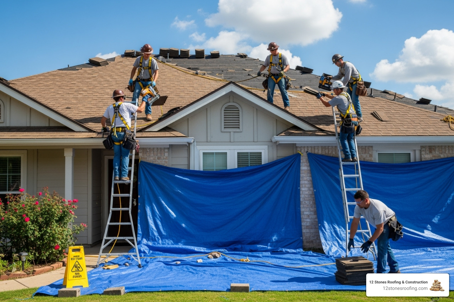 A professional roofing crew safely working on a residential roof in Pasadena, TX, with tarps protecting landscaping below. - top rated roof replacement A professional roofing crew safely working on a residential roof in Pasadena, TX, with tarps protecting landscaping below. - top rated roof replacement