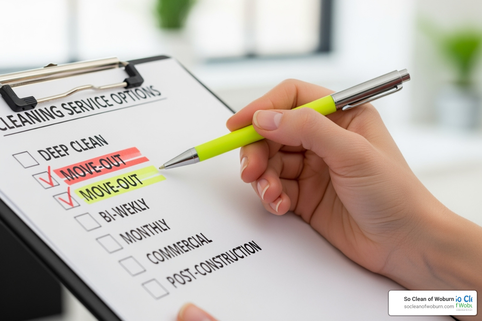 A checklist showing different cleaning services like "Deep Clean," "Move-Out," and "Weekly". - house cleaning services north andover ma