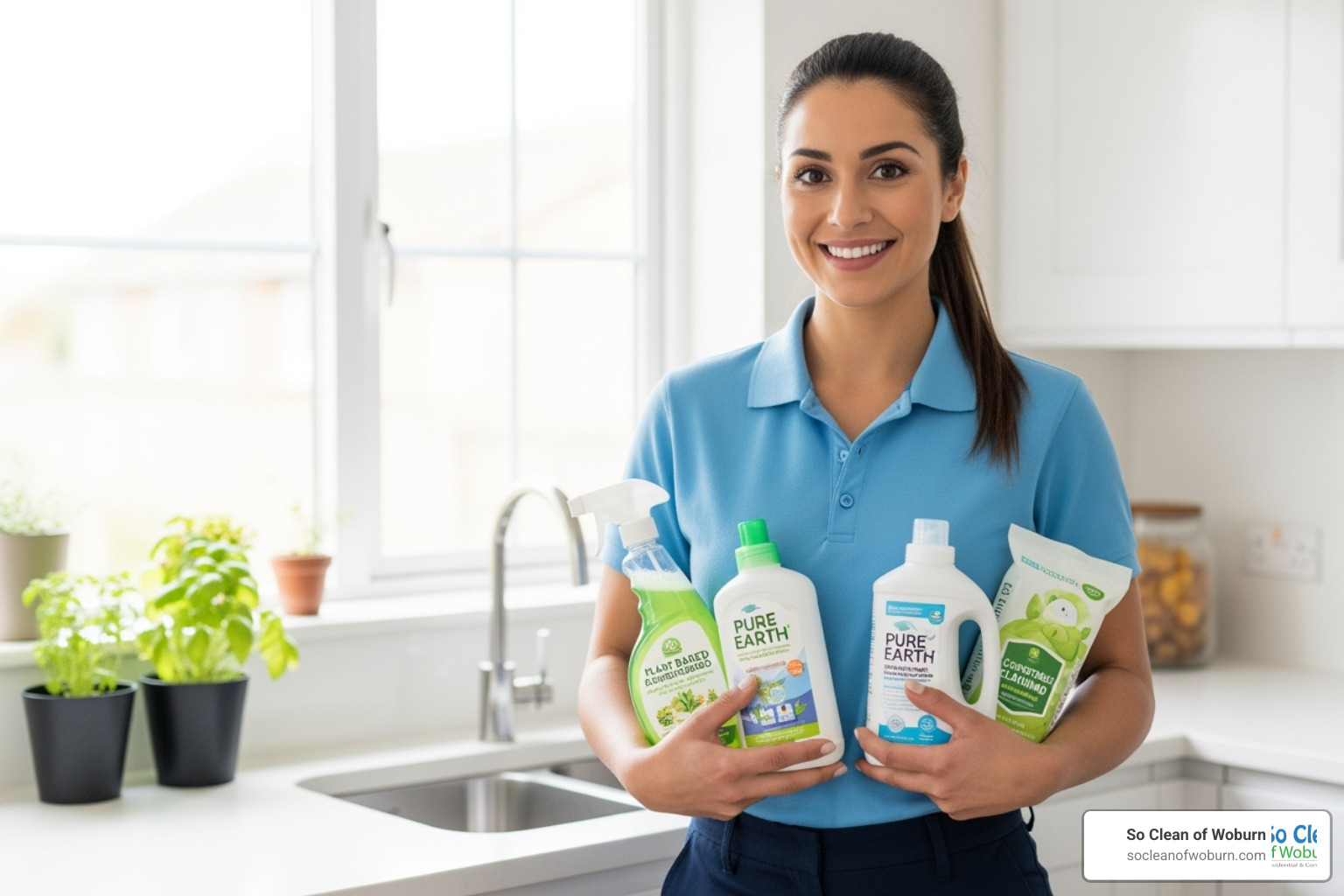 A cleaning professional smiling and holding eco-friendly products. - house cleaning services north andover ma
