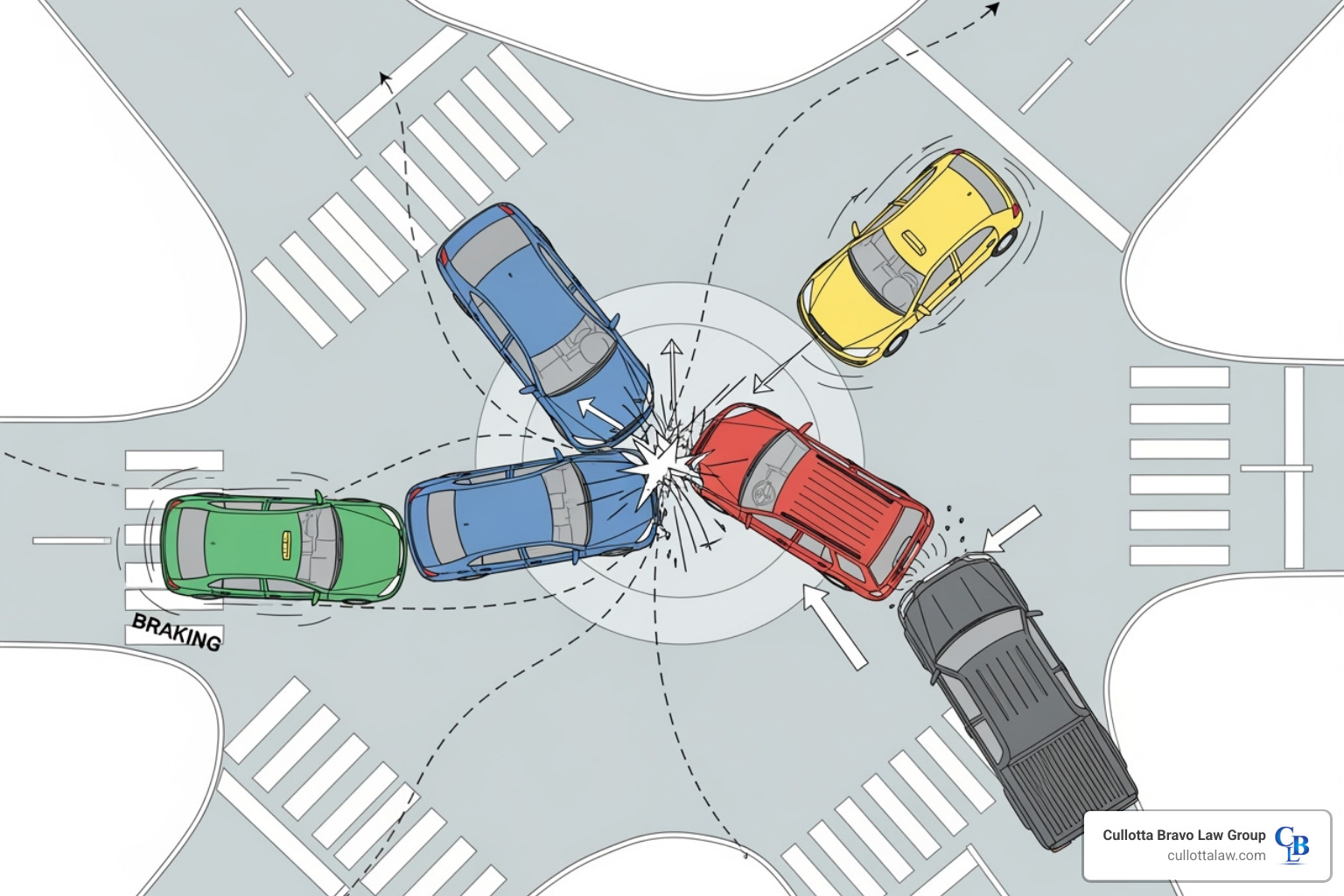 diagram showing a multi-car intersection collision - car accident legal rights