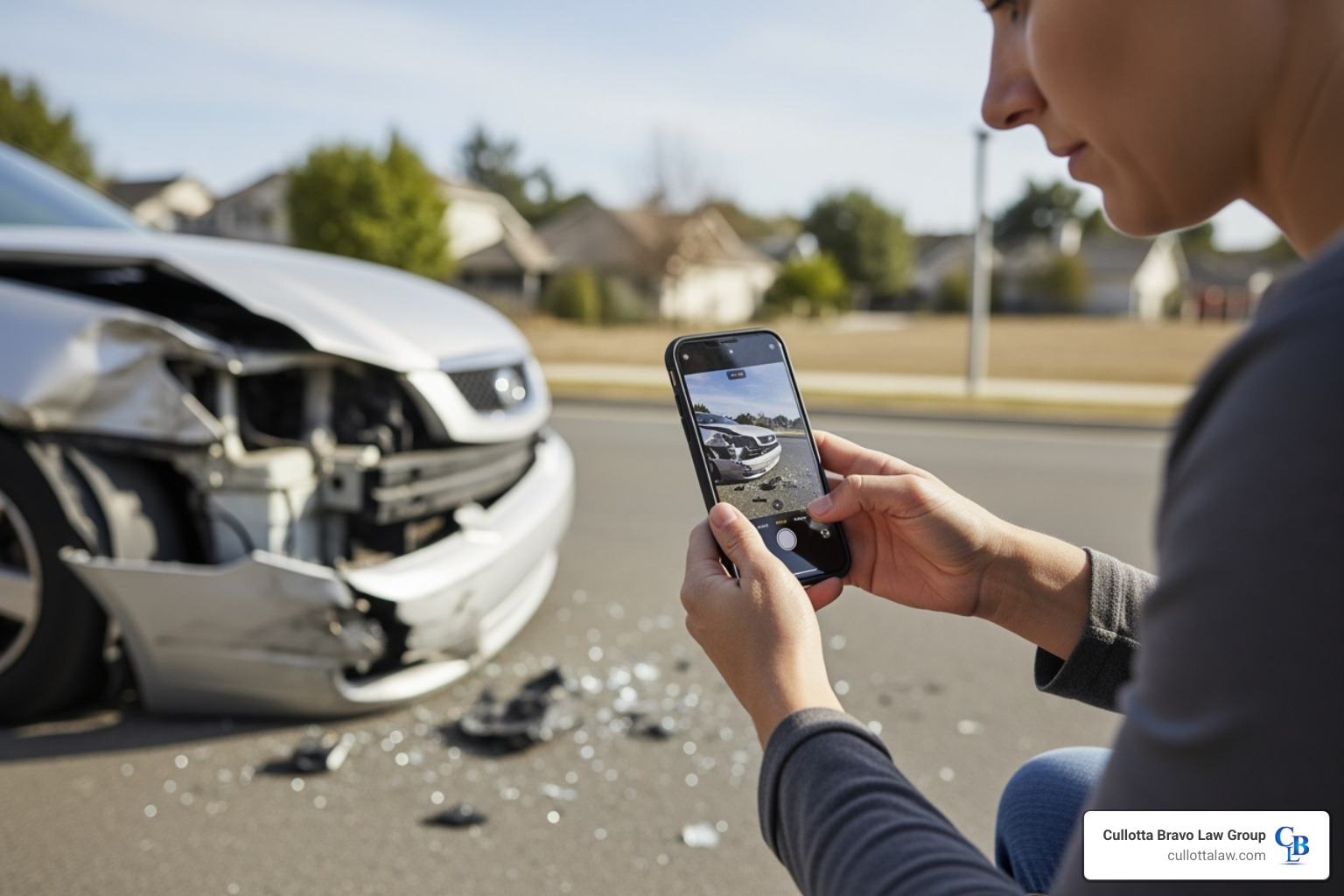 person taking photo of car damage with smartphone - car accident legal rights