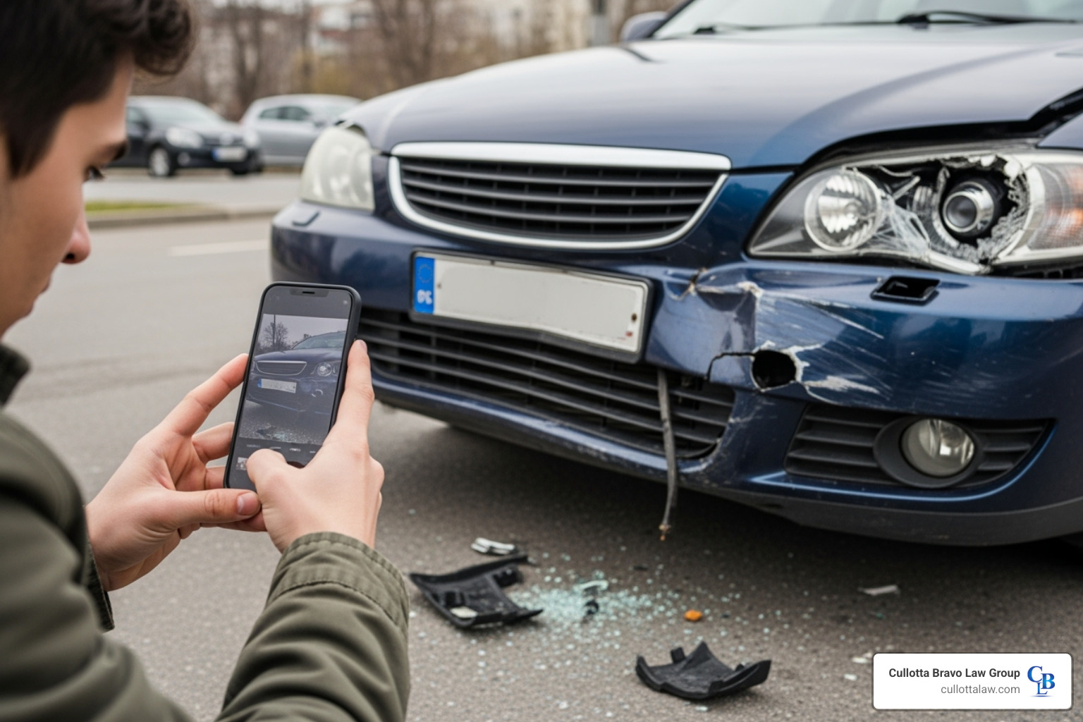 person taking photos of car damage with a smartphone - Car accident attorney