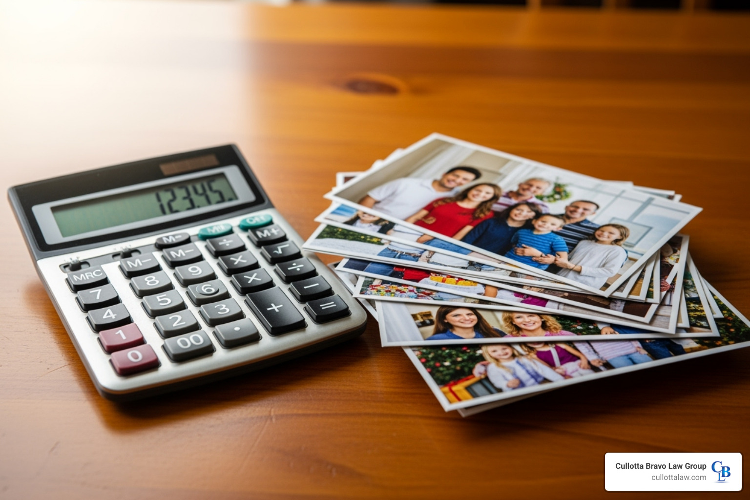 Calculator and family photos - wrongful death car accident