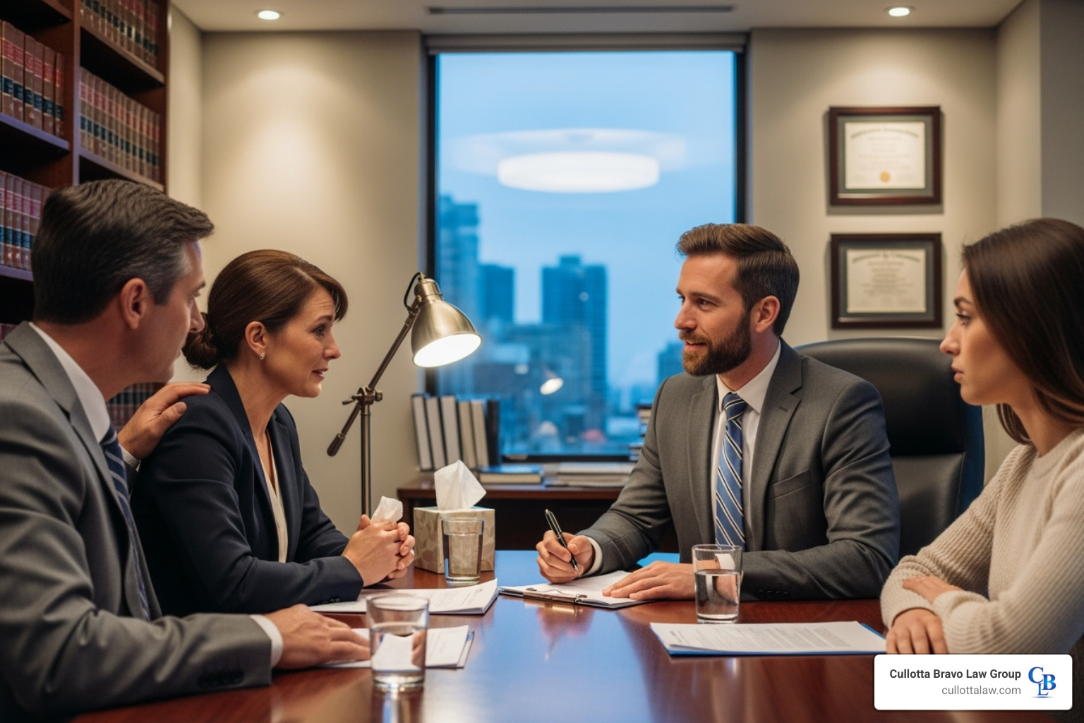 Compassionate lawyer consulting with a family - wrongful death car accident