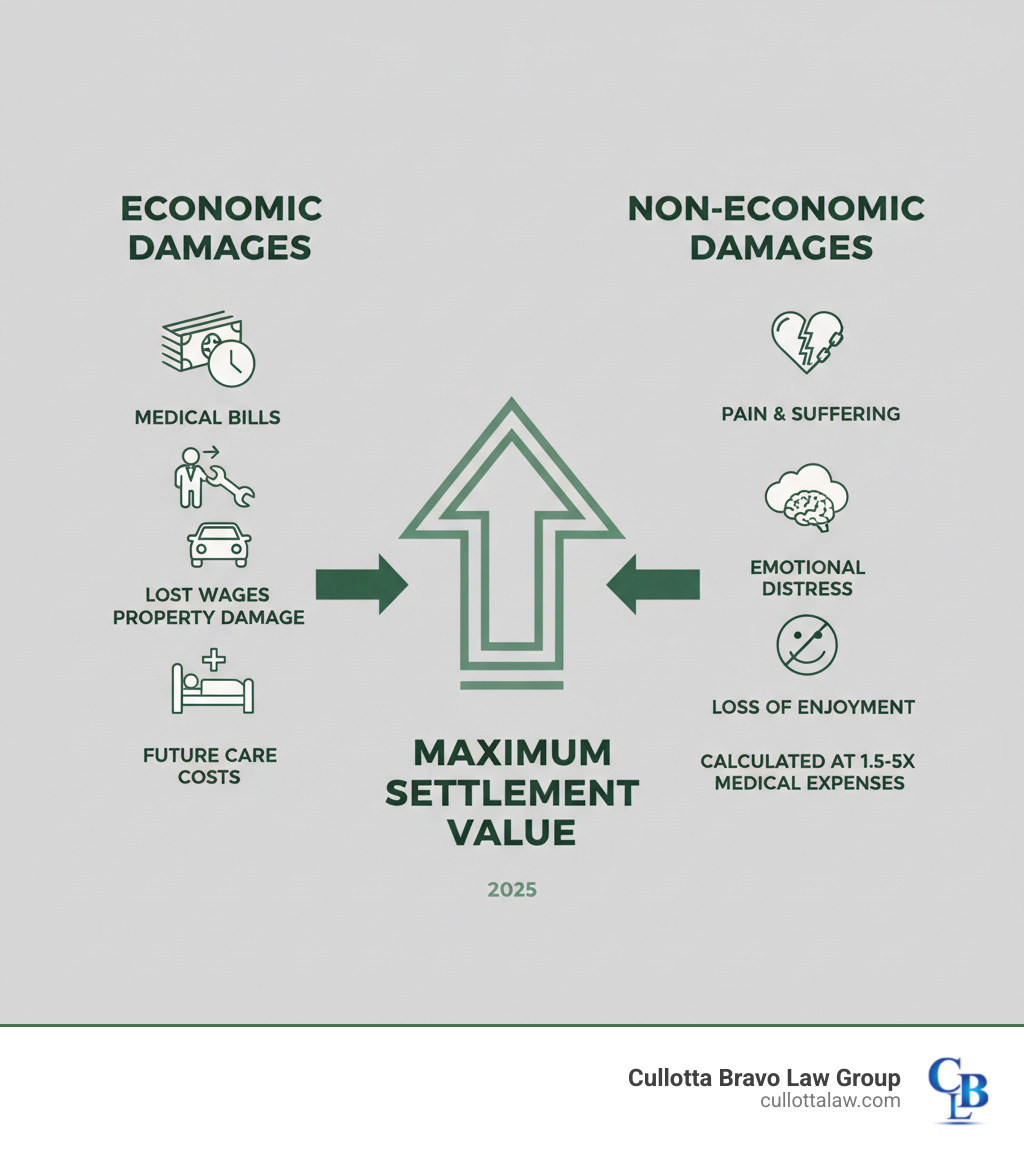 Infographic showing two columns: Economic Damages (medical bills, lost wages, property damage, future care costs) and Non-Economic Damages (pain and suffering, emotional distress, loss of enjoyment, calculated at 1.5-5x medical expenses), with arrows pointing to Maximum Settlement Value - maximum car accident settlement infographic 