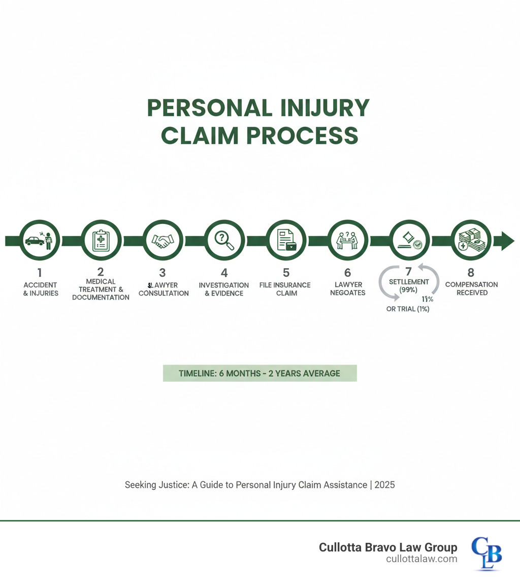 Infographic showing the personal injury claim process: (1) Accident occurs and injuries sustained, (2) Seek immediate medical treatment and document injuries, (3) Contact personal injury lawyer for free consultation, (4) Investigation and evidence gathering phase, (5) File claim with insurance company, (6) Lawyer negotiates with insurance adjusters, (7) Settlement reached (99% of cases) or proceed to trial (1%), (8) Compensation received for medical bills, lost wages, pain and suffering, and future care needs. Timeline: 6 months to 2 years average. - personal injury claim help infographic 
