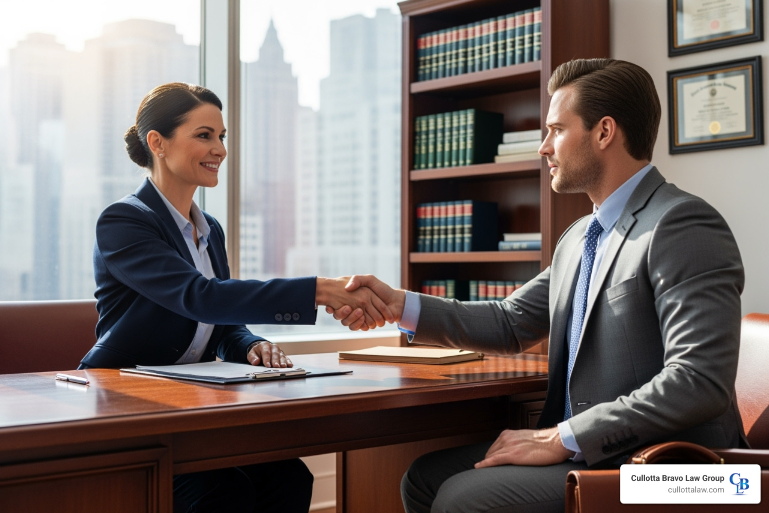 Image of a client shaking hands with their lawyer in an office setting - personal injury claim help