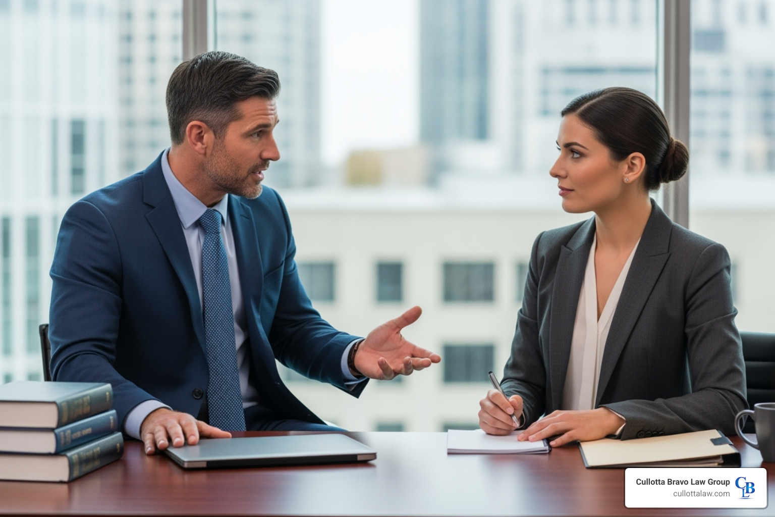 Image of a lawyer confidently speaking with an insurance adjuster - personal injury claim help