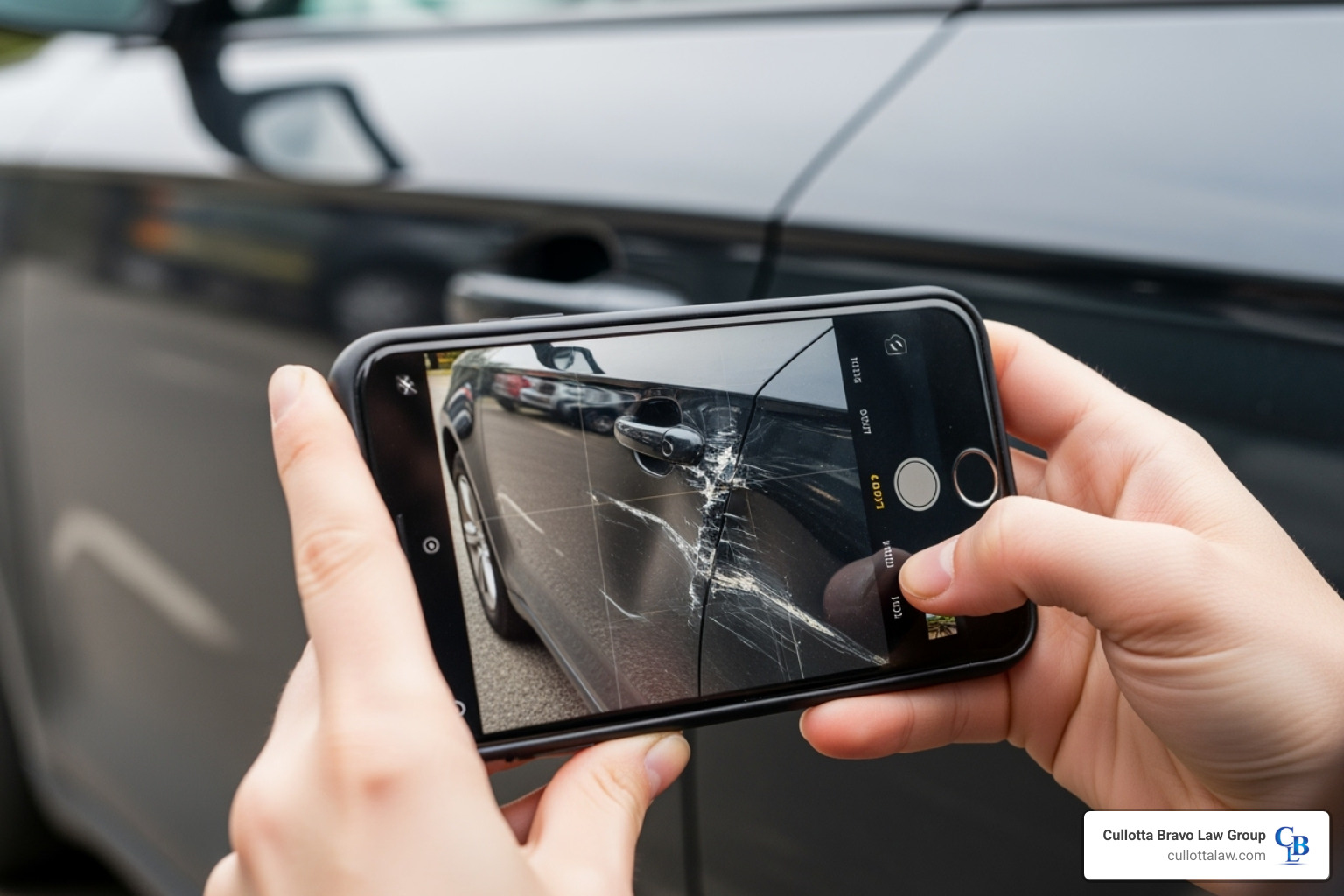 Image of a person taking photos of vehicle damage with a smartphone - personal injury claim help