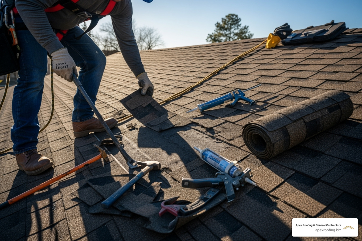 Roofer safely performing repair on a shingle roof - Fair Oaks roof repair