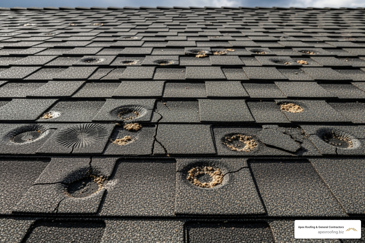 A roof with clear hail damage marks - Fair Oaks roof repair