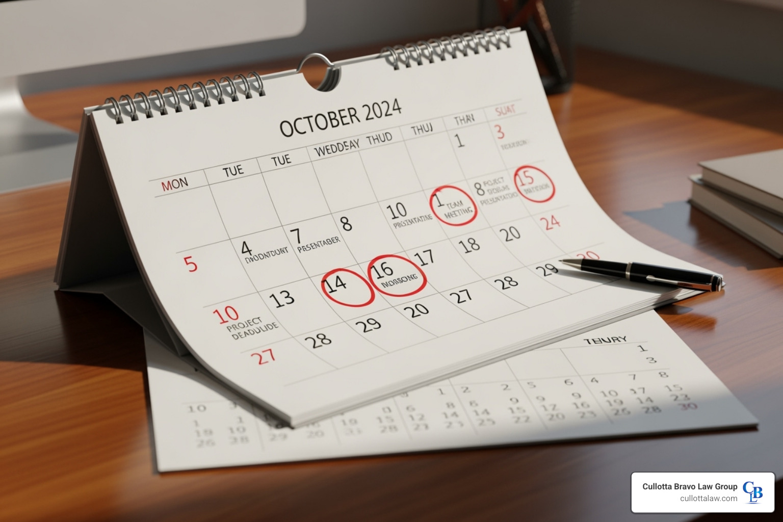 Image of a calendar with key legal deadlines circled - personal injury claim help