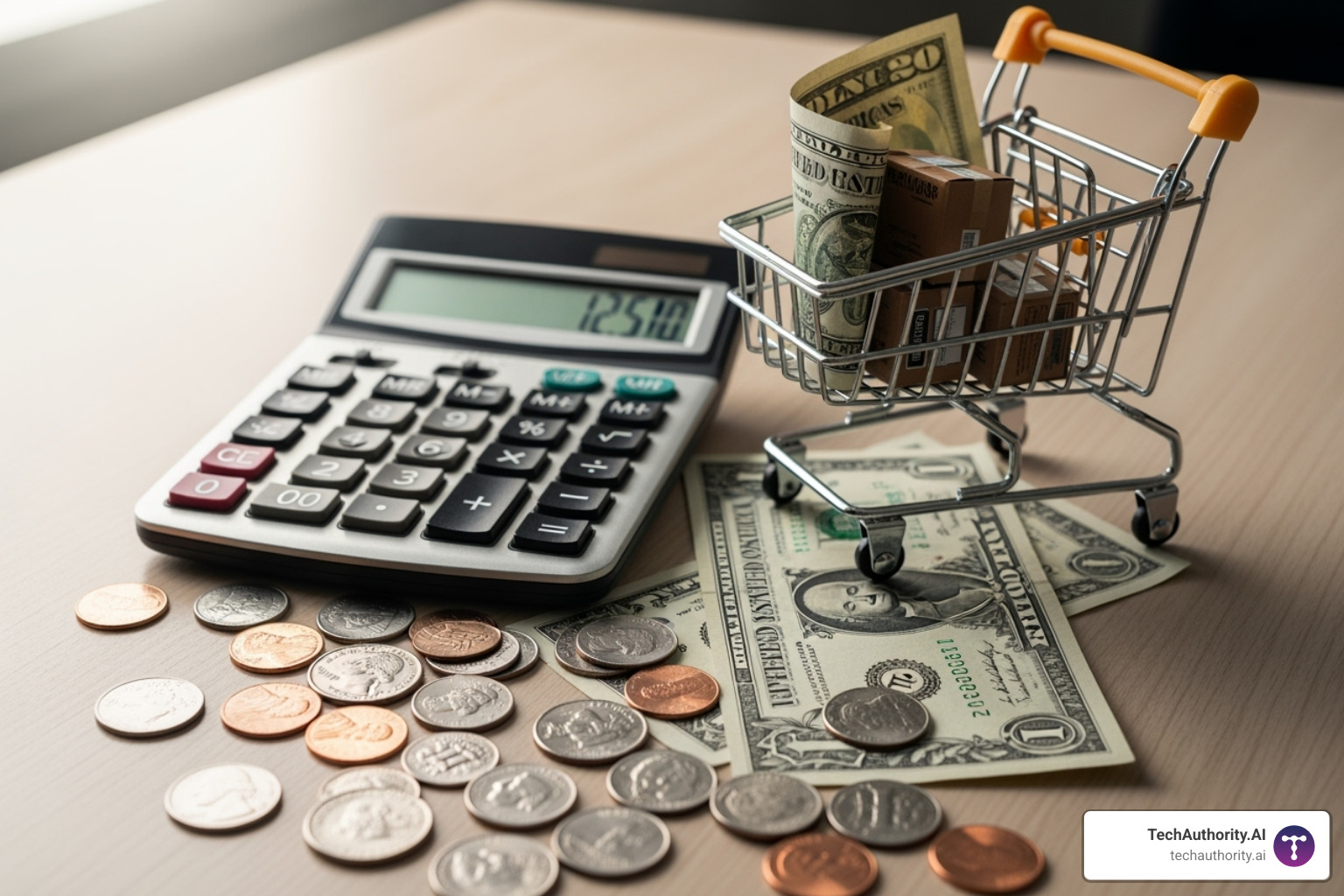 Calculator and a shopping cart representing budget planning - ecommerce web development company