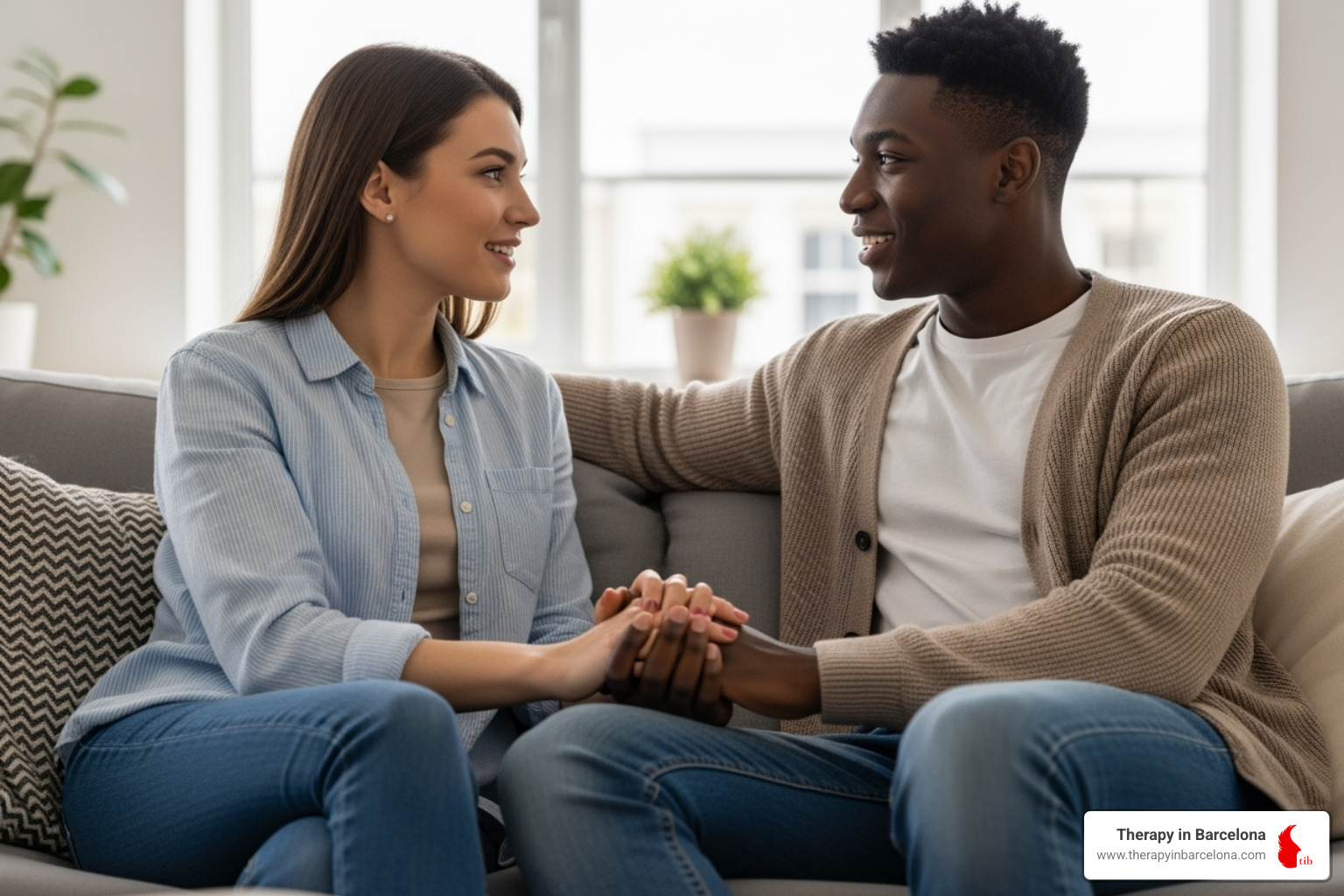 A diverse couple communicating openly and warmly, holding hands and looking into each other's eyes in a comfortable setting. - marriage sex counseling