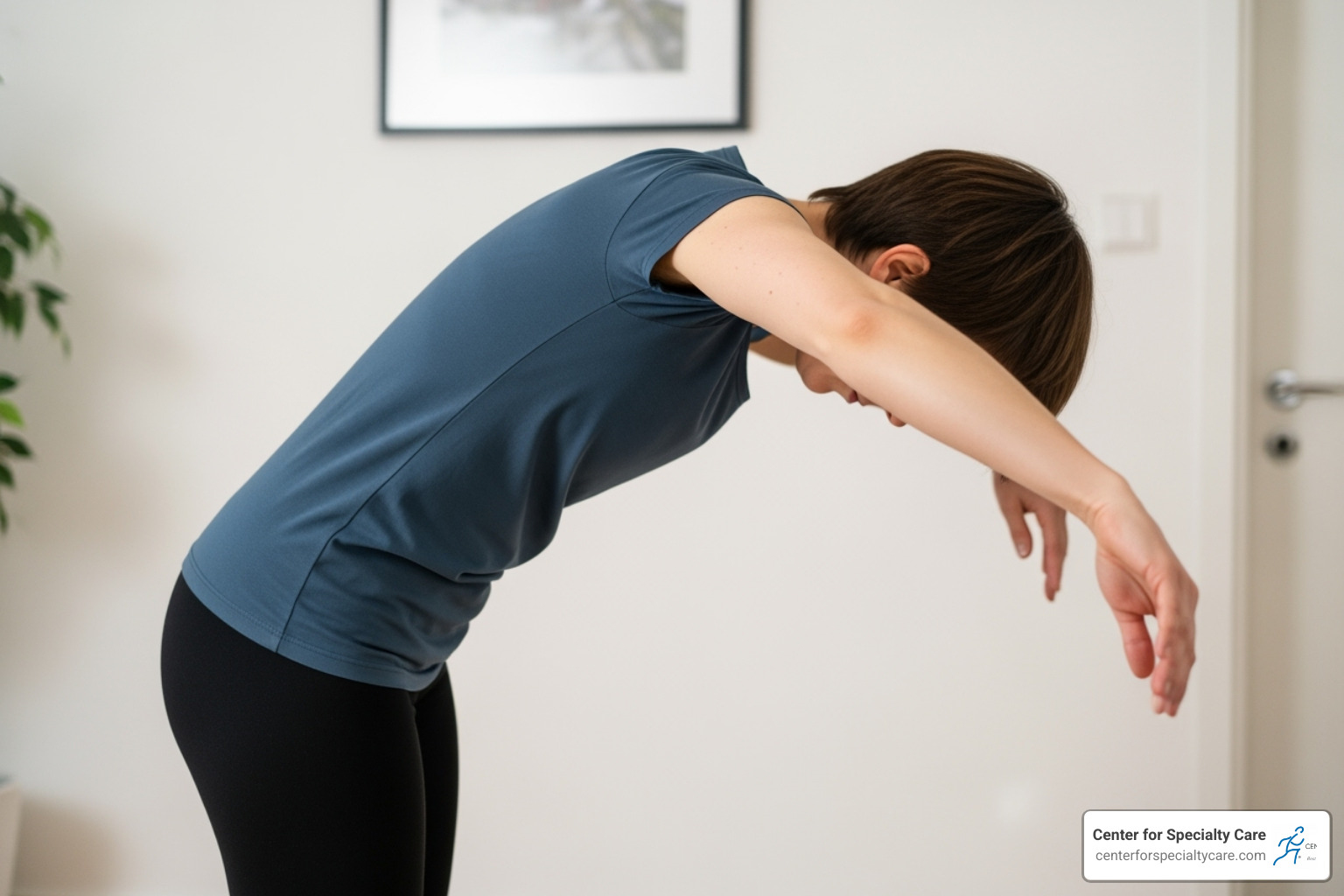 A person performing a gentle pendulum stretch with their arm hanging loosely and swinging in small circles - rotator cuff tear pain at night