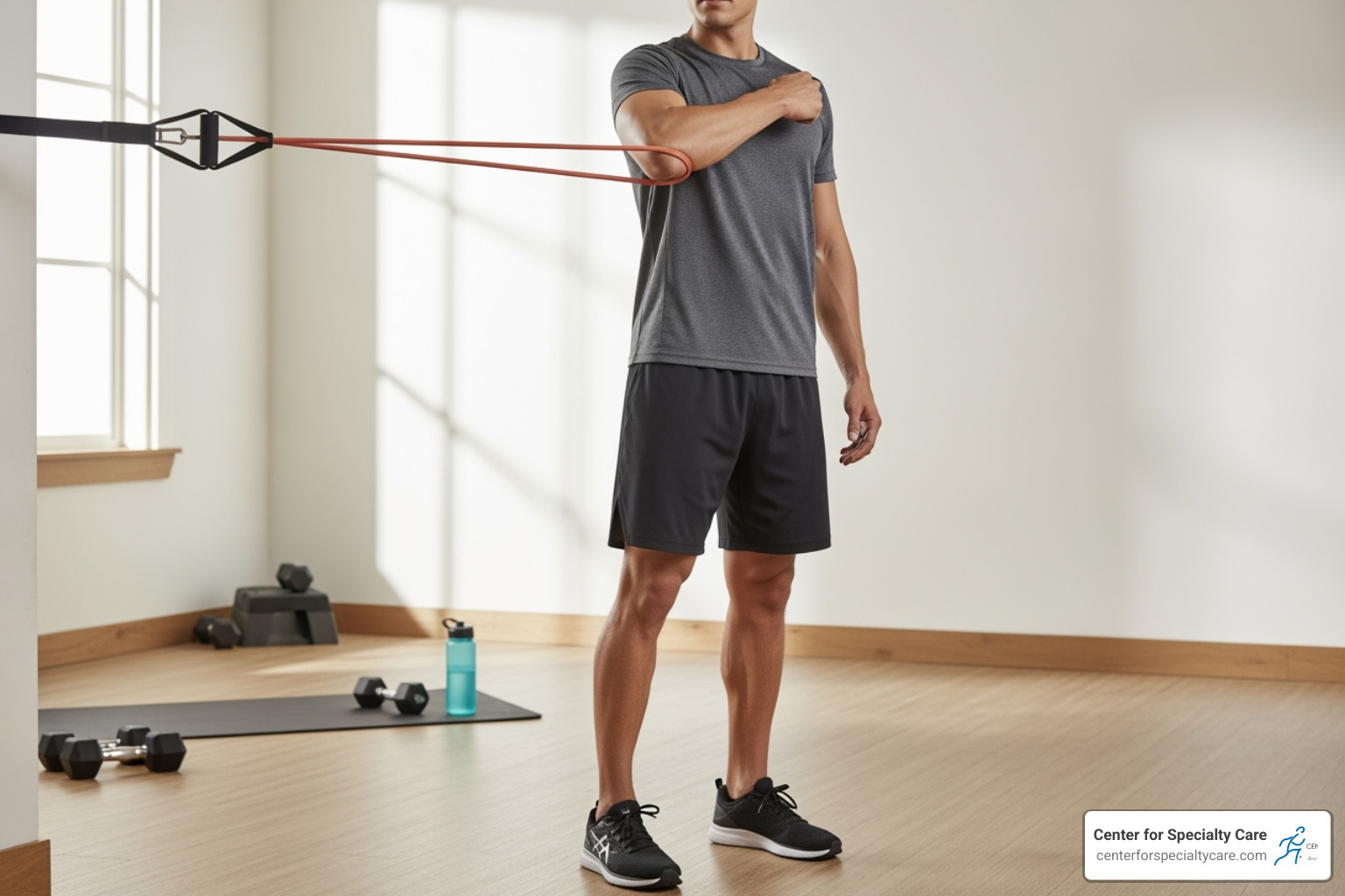 A person doing shoulder-strengthening exercises with a resistance band, focusing on external rotation - rotator cuff tear pain at night