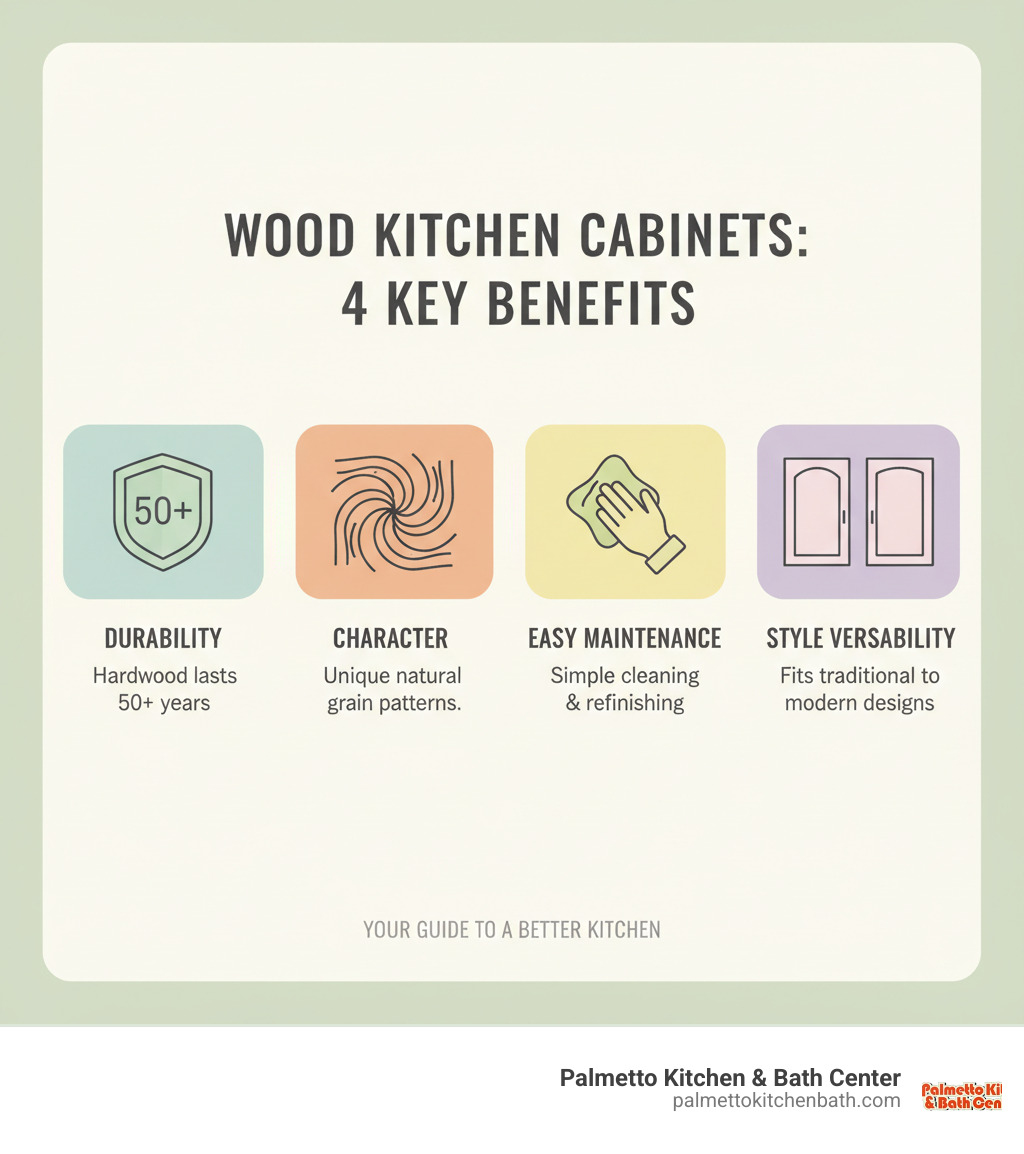 Infographic showing the four key benefits of wood kitchen cabinets: Durability with hardwood lasting 50 plus years, Character from unique natural grain patterns, Easy Maintenance with simple cleaning and refinishing options, and Style Versatility fitting traditional to modern designs - Wood kitchen cabinets infographic 