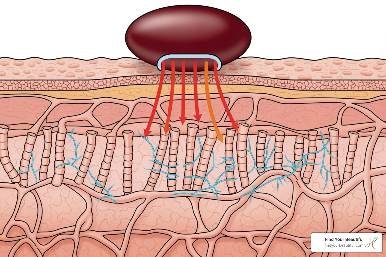 Image illustrating how energy-based devices stimulate collagen production in the deeper dermal layers - skin tightening cream vs procedure Image illustrating how energy-based devices stimulate collagen production in the deeper dermal layers - skin tightening cream vs procedure