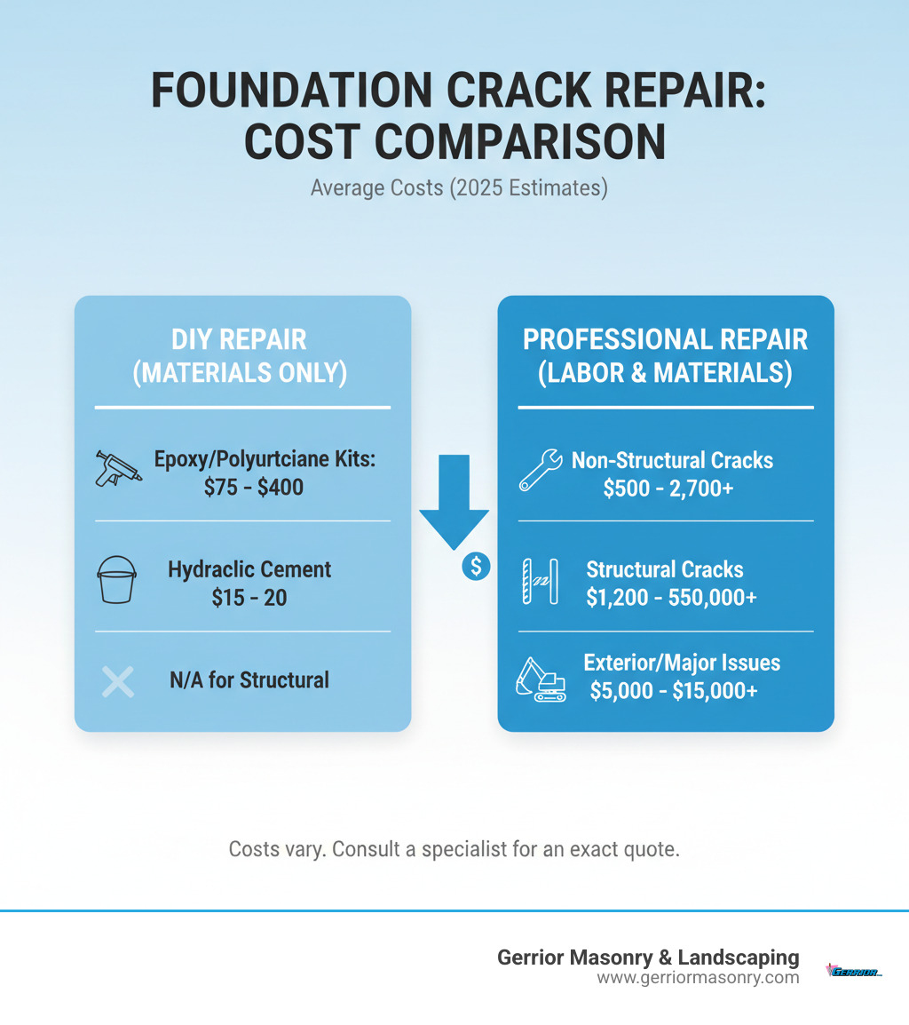 Table comparing average DIY vs. Professional foundation crack repair costs - Foundation crack repair infographic 