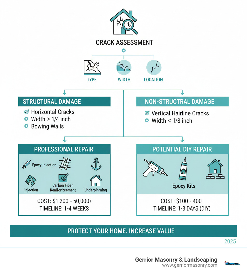 Infographic showing the decision tree for foundation crack repair: starting with crack assessment (type, width, location), then determining if it's structural (horizontal cracks, width over 1/4 inch, bowing walls) or non-structural (vertical hairline cracks under 1/8 inch), leading to either professional repair with methods like epoxy injection, carbon fiber reinforcement, wall anchors, and underpinning for structural issues, or potential DIY repair with epoxy kits for minor non-structural cracks, with cost ranges and timeline expectations for each path - Foundation crack repair infographic 