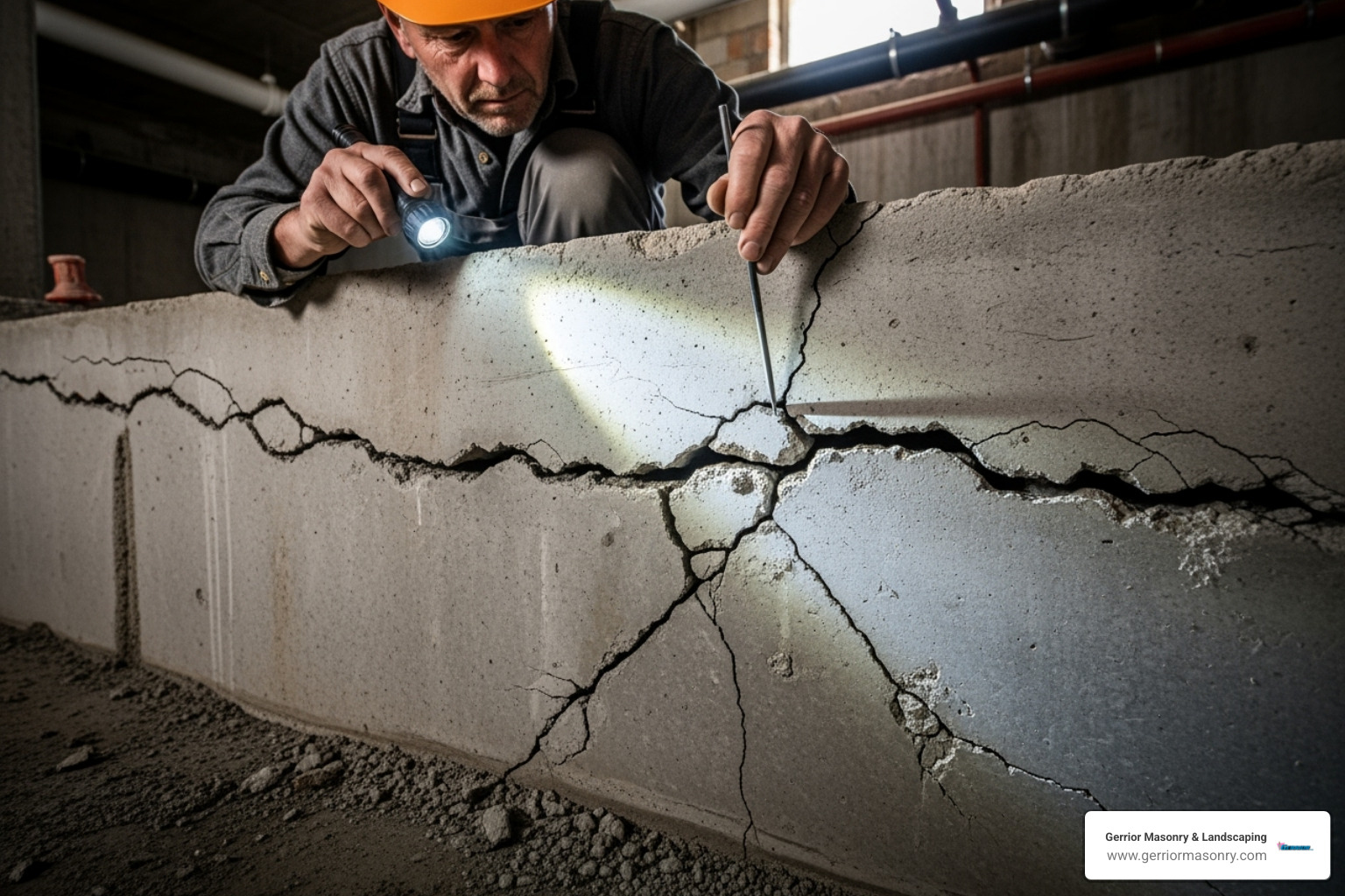A masonry expert carefully inspecting a wide, jagged crack in a concrete foundation, indicating a potential structural issue. - Foundation crack repair