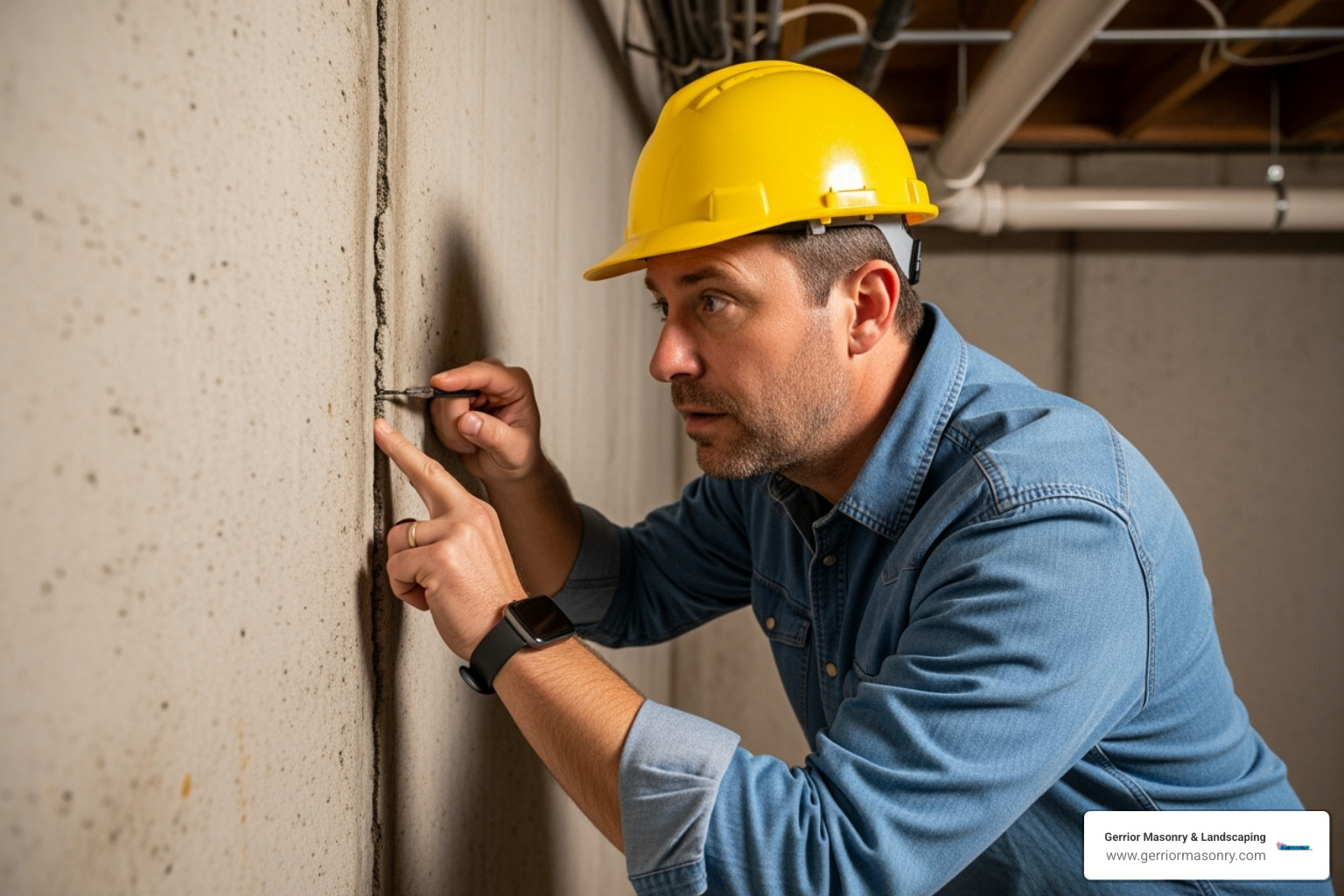 A homeowner inspecting a vertical crack in their basement wall, observing if there is any moisture or active leaking around the crack. - Foundation crack repair