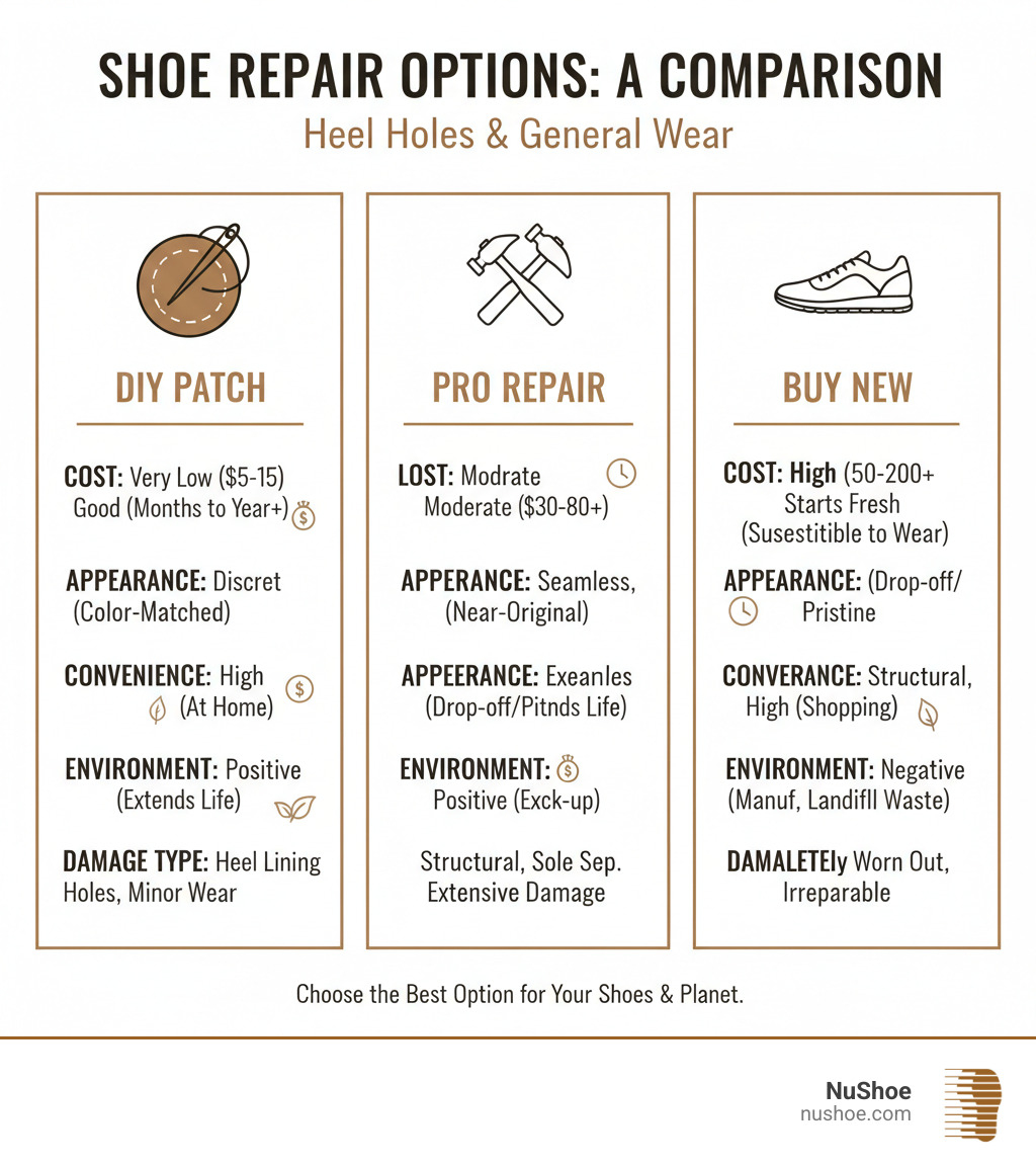Comparison table of shoe repair options - trainer heel repair patch infographic 