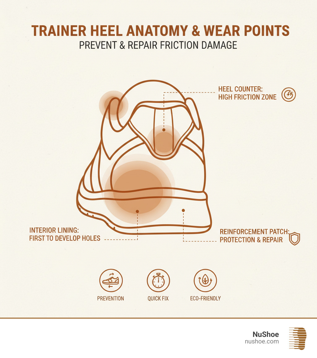 Infographic showing the anatomy of a trainer heel with common wear points: the heel counter where friction occurs most, the interior lining that develops holes first, and the areas where patches provide reinforcement and protection - trainer heel repair patch infographic 