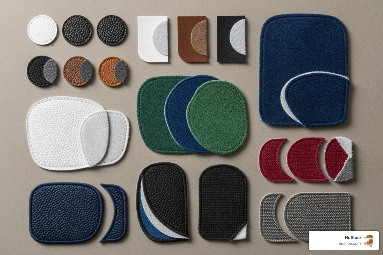 Various shoe repair patches in different sizes, colors, and materials - trainer heel repair patch