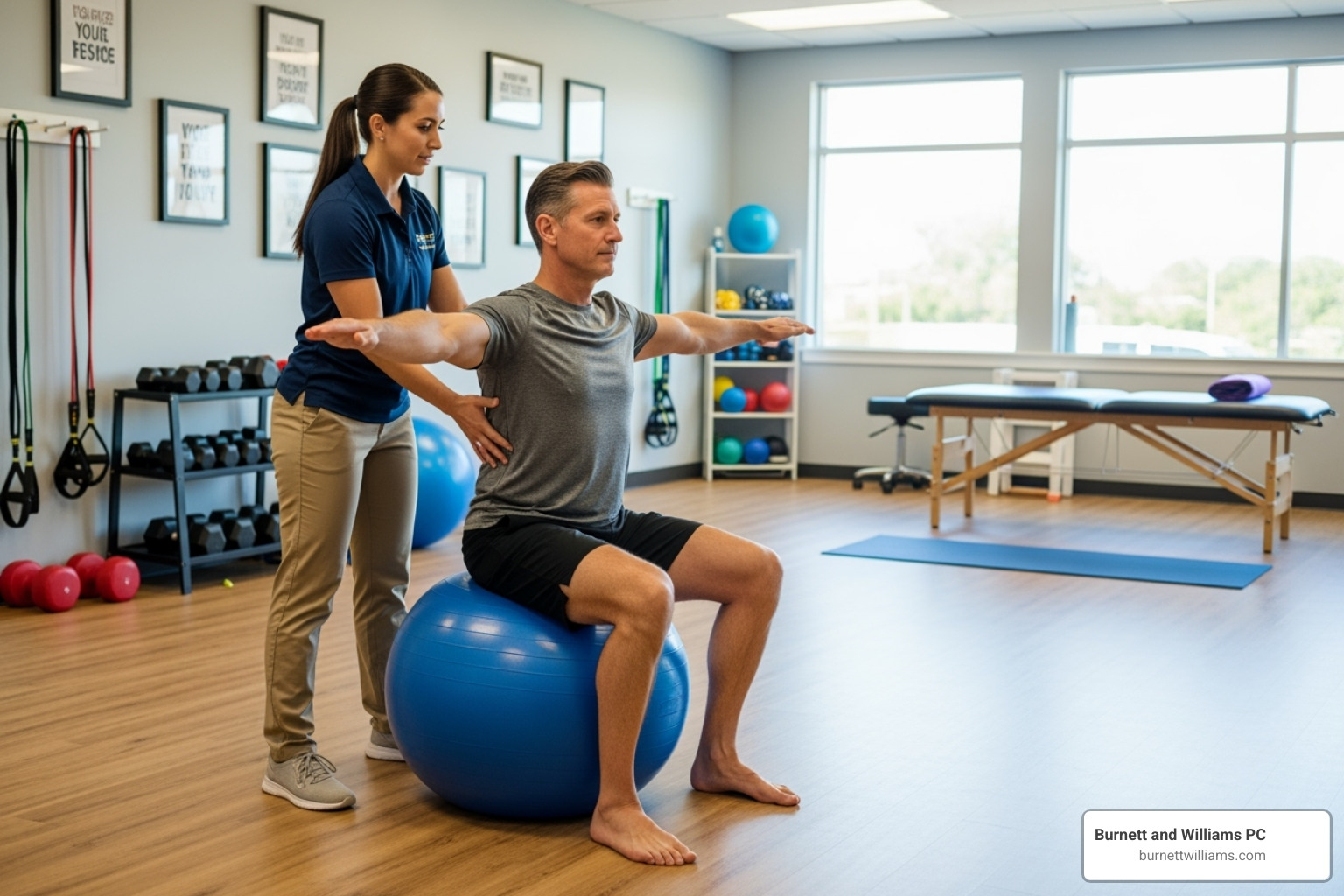 A patient working with a physical therapist on balance exercises, using a stability ball. - Northern Virginia brain injury A patient working with a physical therapist on balance exercises, using a stability ball. - Northern Virginia brain injury