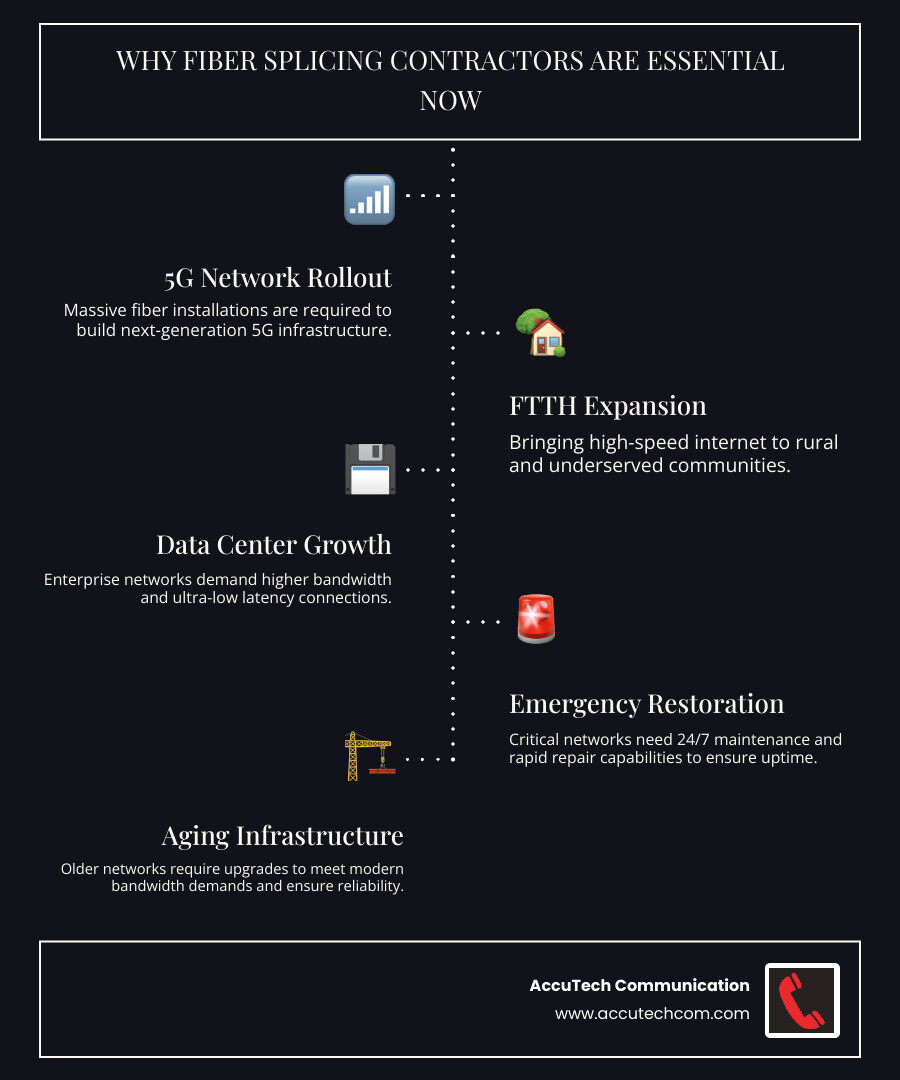 infographic showing fiber optic cable cross-section with light traveling through the core, cladding protection layers, and a splice point where two cables are joined together with minimal signal loss - fiber splicing contractors needed infographic infographic-line-5-steps-dark
