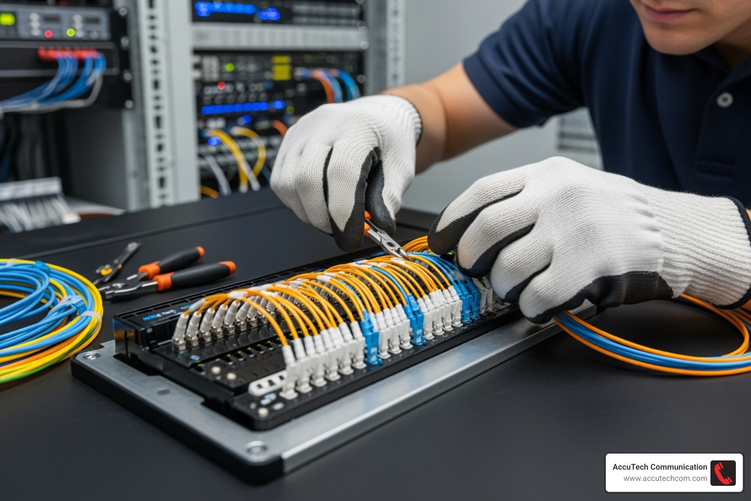 technician working on a fiber distribution hub - fiber splicing contractors needed