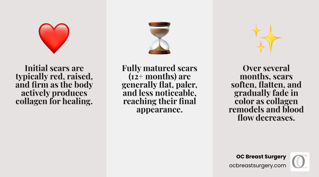 Scar maturation timeline showing progression from red and raised to flat and faded - mastopexy scar revision infographic 3_facts_emoji_grey Scar maturation timeline showing progression from red and raised to flat and faded - mastopexy scar revision infographic 3_facts_emoji_grey
