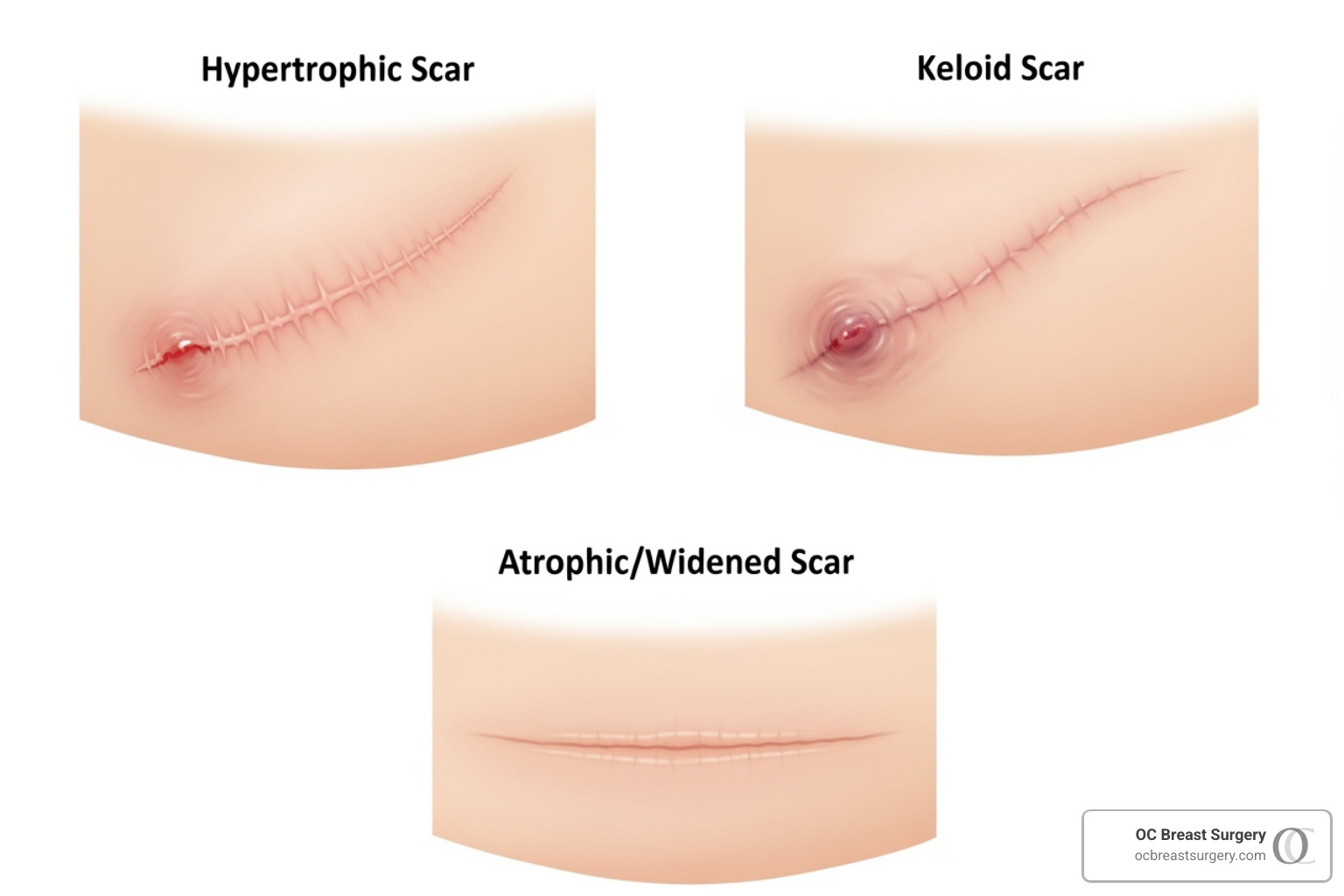 Illustrating different types of breast scars: hypertrophic, keloid, atrophic/widened - mastopexy scar revision Illustrating different types of breast scars: hypertrophic, keloid, atrophic/widened - mastopexy scar revision