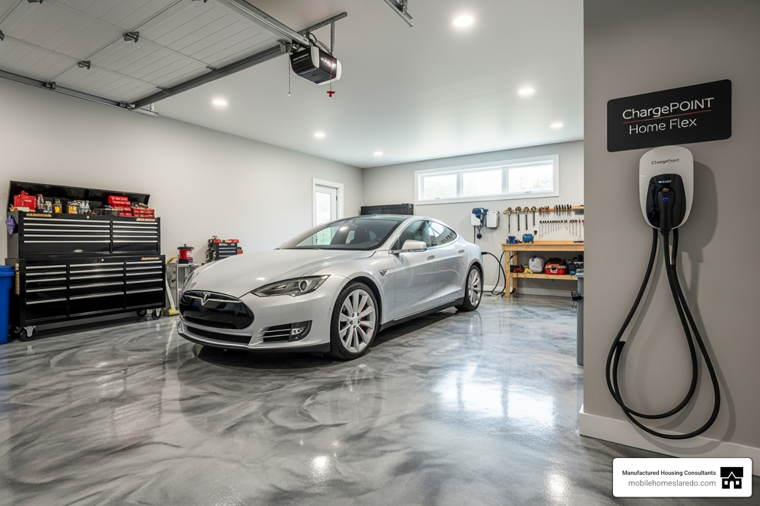 garage interior with custom flooring and an EV charging station - modular homes with attached garages garage interior with custom flooring and an EV charging station - modular homes with attached garages